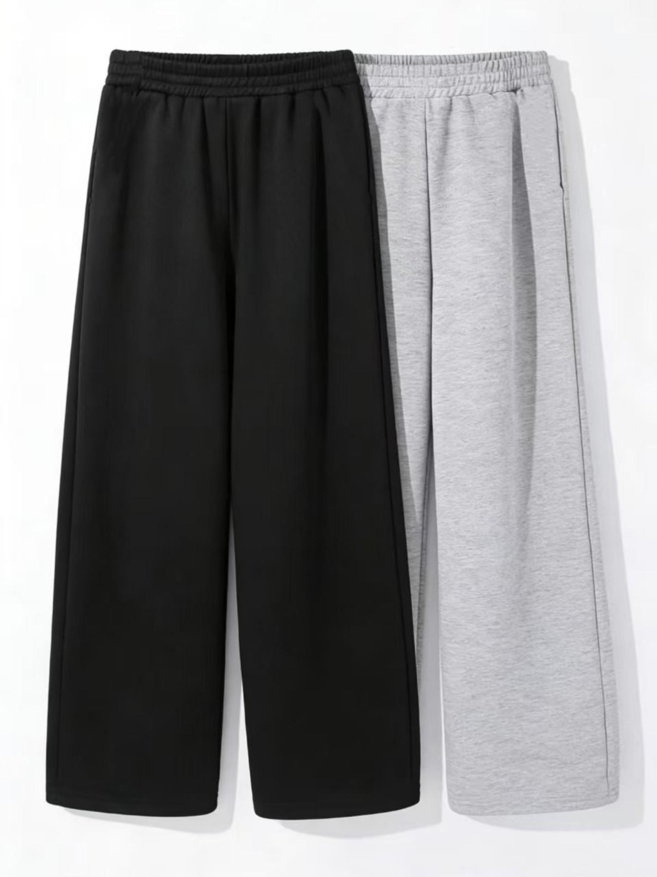 2 Pcs Set Boys' Spring New Casual Elastic Waist Long Pants, Wide Leg Sweatpants, Loose Fit Straight Leg Sports Pants for All Seasons，Boy Fashion Simple Pants Set, Solid Color Soft Elastic Waist Straight Leg Pants, Daily Comfortable Casual Pants