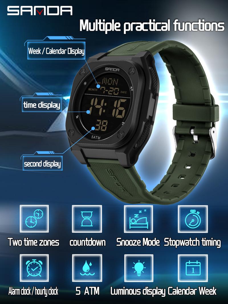 SANDA Men's Sports Watch Fashion and Leisure Men's LED Single Display Night Light Waterproof Multi functional Timing Electronic Watch Best Gift+BOX Waterproof Multifunctional Watch