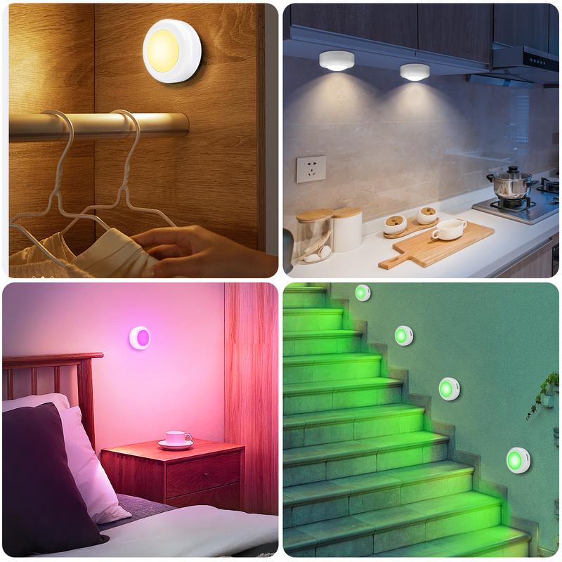 6-Pack RGB Puck Lights AA Battery-Powered (Not Included), Tap or Remote Control