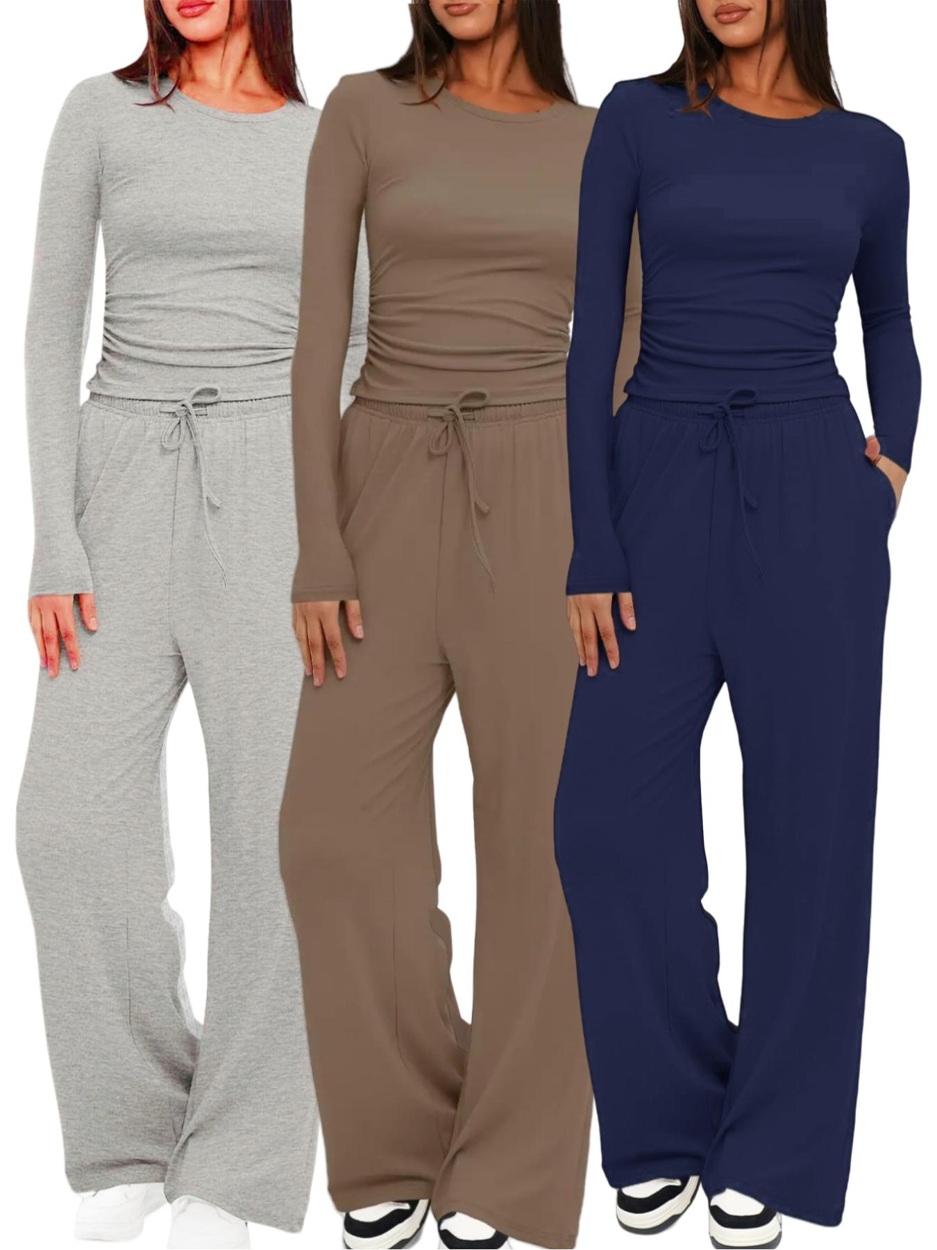 Women's 2-Piece/6-Piece Plain Slim-Fit Long Sleeve Top Pants Sleepwear Set, Pajama Set, Soft Comfortable Homeewear, Home Leisure Wear, Casual Yoga Wear, Loungewear, Loungewear Nightwear Set