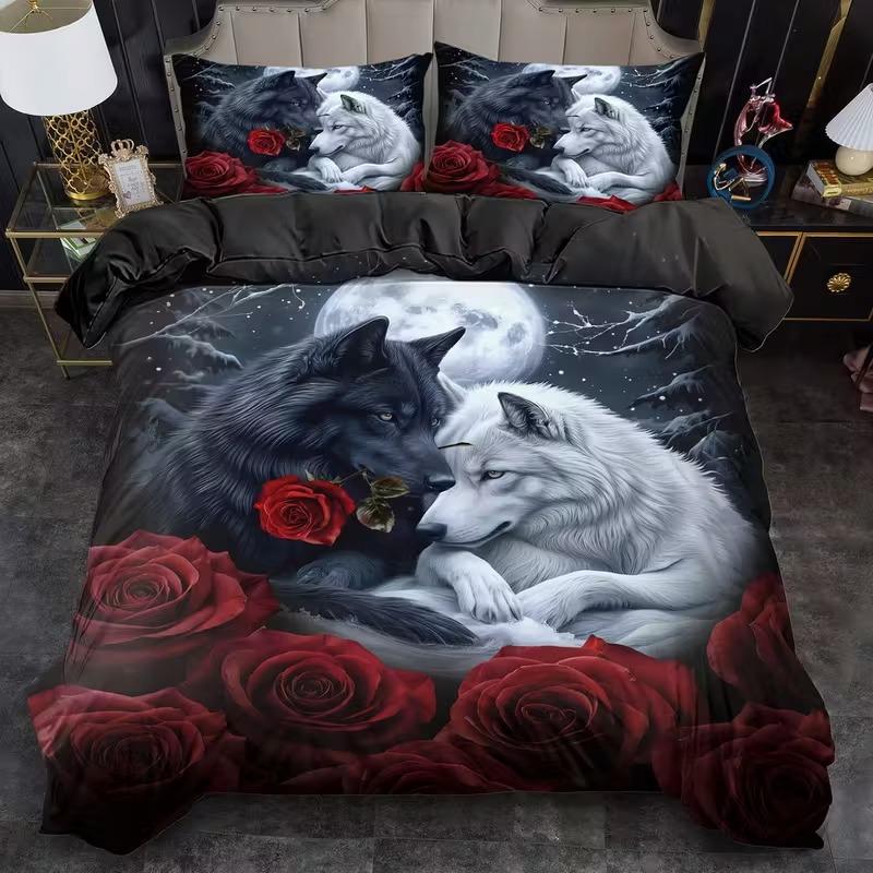 2D Print Wolf Pattern Bedding Set, 3pcs Soft Breathable Polyester Fabric, All-Season Use, Bedroom & Guest Room Decor, Decorative Bedding Set