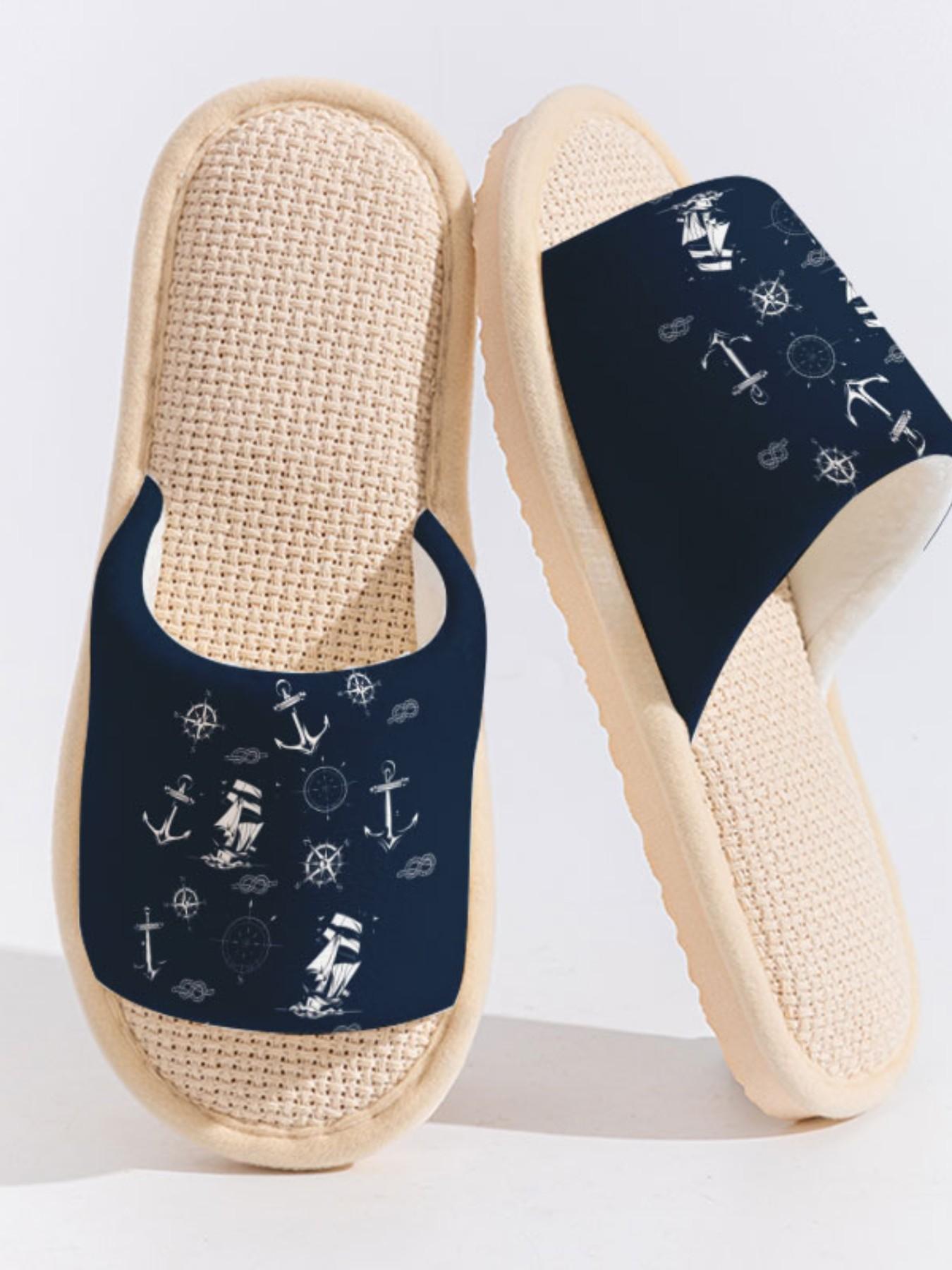 Nautical Compass Linen Slippers, Vintage Nautical Style, Breathable Non-Slip Sole, Bedroom Living Room Daily Wear, Casual Shoes