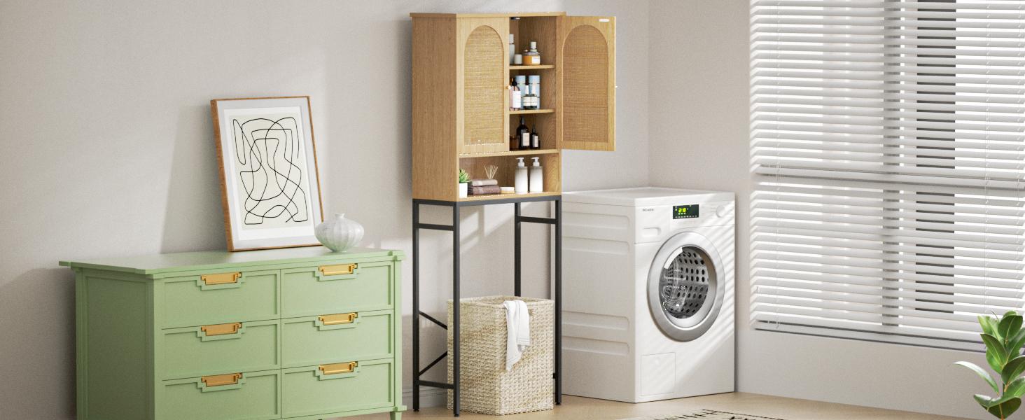 Vabches Rattan Toilet Storage Cabinet, Over the Rack Wood Cabinet with Metal Stand, Bathroom Organizer with Adjustable Shelf, Tall Freestanding Washer Shelf, Small Cupboard, Space Saver, Natural style Apartment Furniture Vabches Rattan Toilet Storage Cabinet, Over the Rack Wood Cabinet with Metal Stand, Bathroom Organizer with Adjustable Shelf, Tall Freestanding Washer Shelf, Small Cupboard, Space Saver, Natural style Apartment Furniture