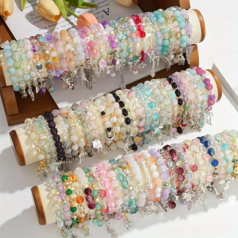 Women's Boho Style Bangles Set (10/30-Piece) - Layered Glass Bead Stretch Charm Bracelets with Floral, Heart & Butterfly Charms, Assorted Colored Jewelry for Women, Matching Bracelet Stacks, Elegant Daily/Special Occasion Gift