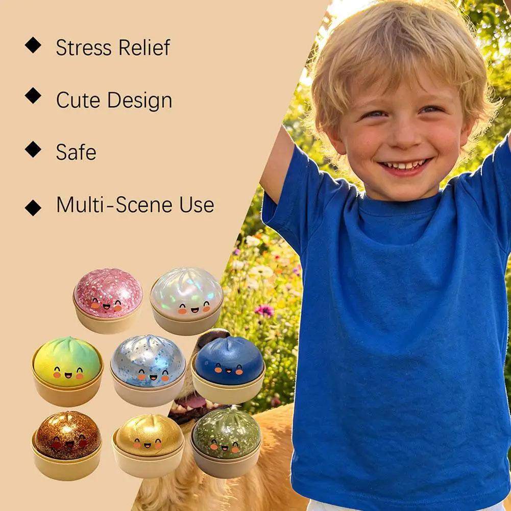 Colorful Dumpling Squishes Stress Balls Fidget Sensory Toys Simulation Food Squishies Bun with Steamer Squeeze Dough Ball Gifts