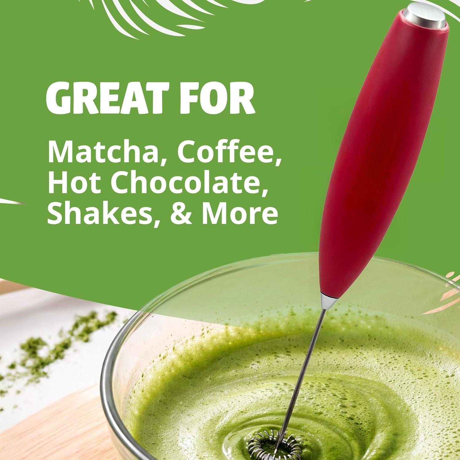 Electric Milk Frother for Matcha and Coffee, Handheld  Operated Drink Mixer with Stand, Stainless Steel Whisk, Red