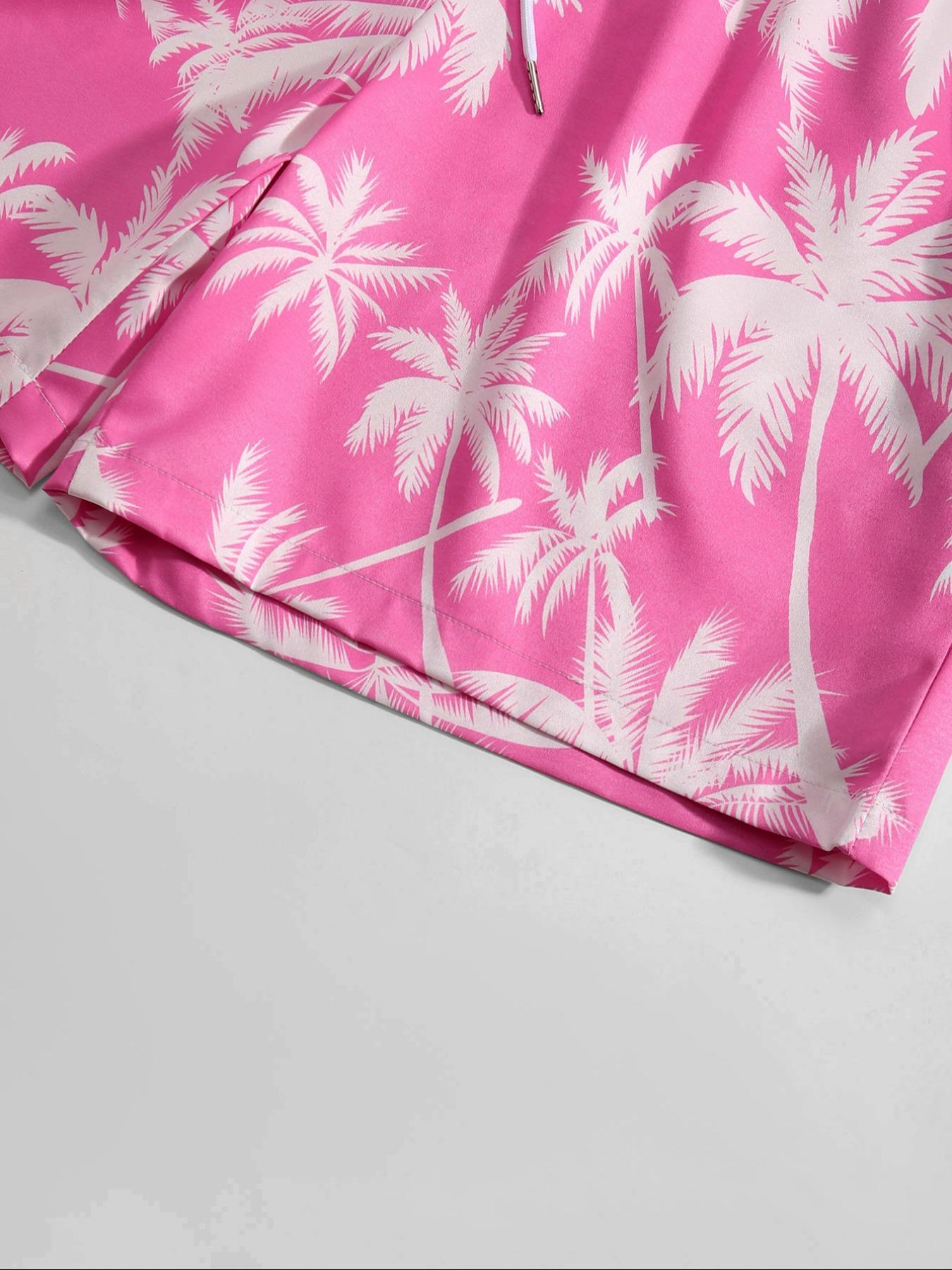 Men's Random Palm Tree Print Boxer Brief Swim Shorts, Regular Fit Casual Comfy Breathable Swim Shorts for Summer, Men's Swimwear for Beach Vacation