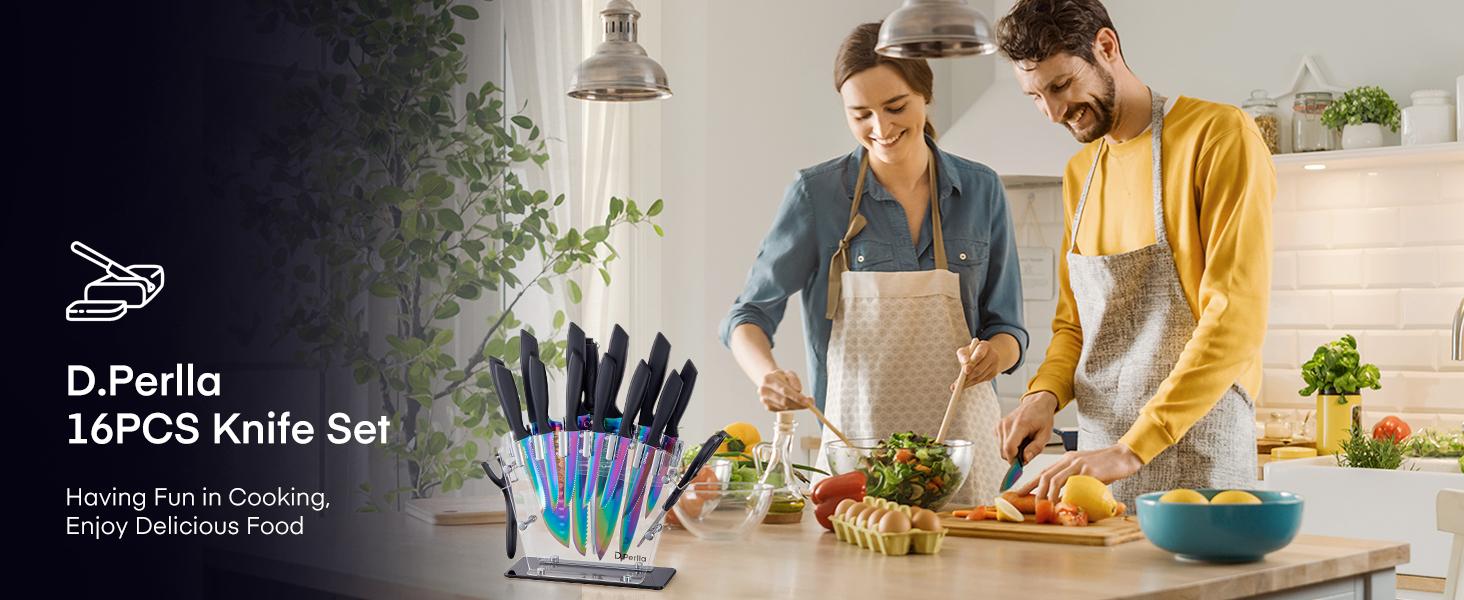 Knife Set, D.Perlla 16 Pieces Black Kitchen Knife Set with Acrylic Stand, High Carbon Stainless Steel, BO Oxidation Knife Block Set, No Rust, Non Slip Handle, Sharp Knife
