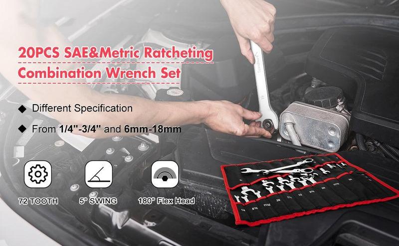 【GARVEE】Ratcheting Wrench Set 20 PCS SAE 1/4"-3/4", Metric 6-19mm, Flex Head 72-Tooth, Chrome Vanadium Steel, Includes Storage Bag Hand Tools