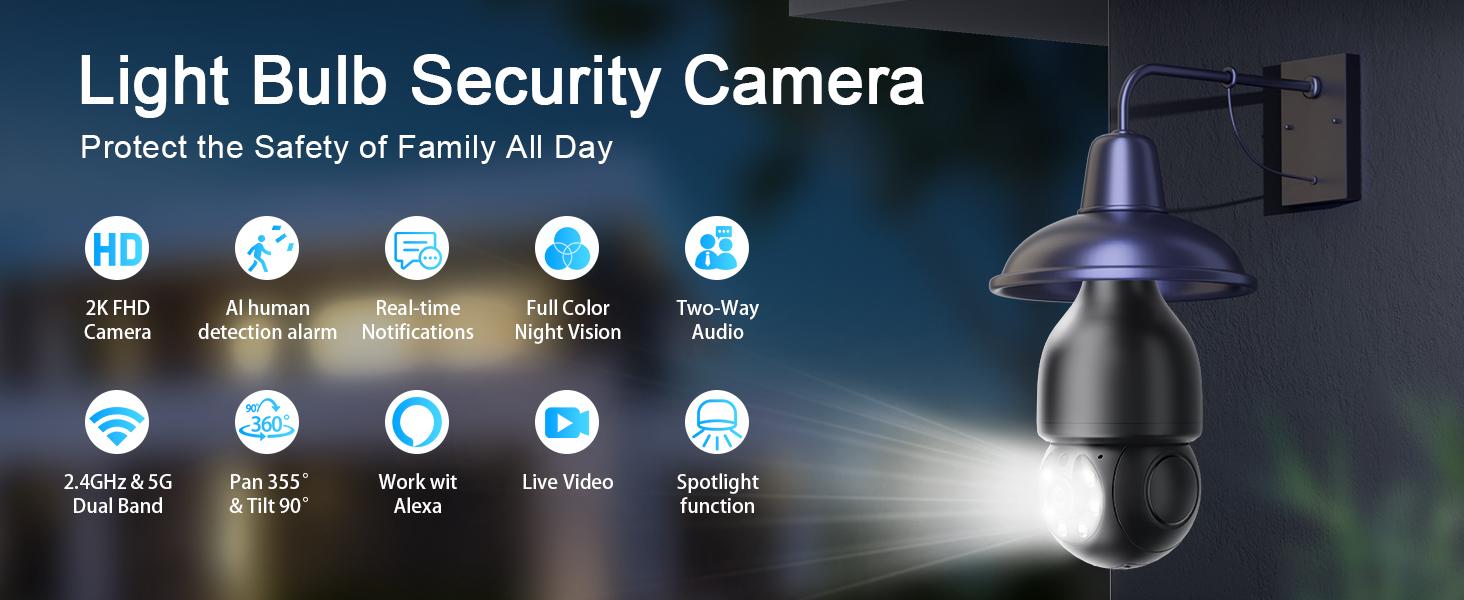 Wireless 360° PTZ Light Bulb Security Camera with 2K Color Night Vision, AI Human Detection, Alexa Compatibility