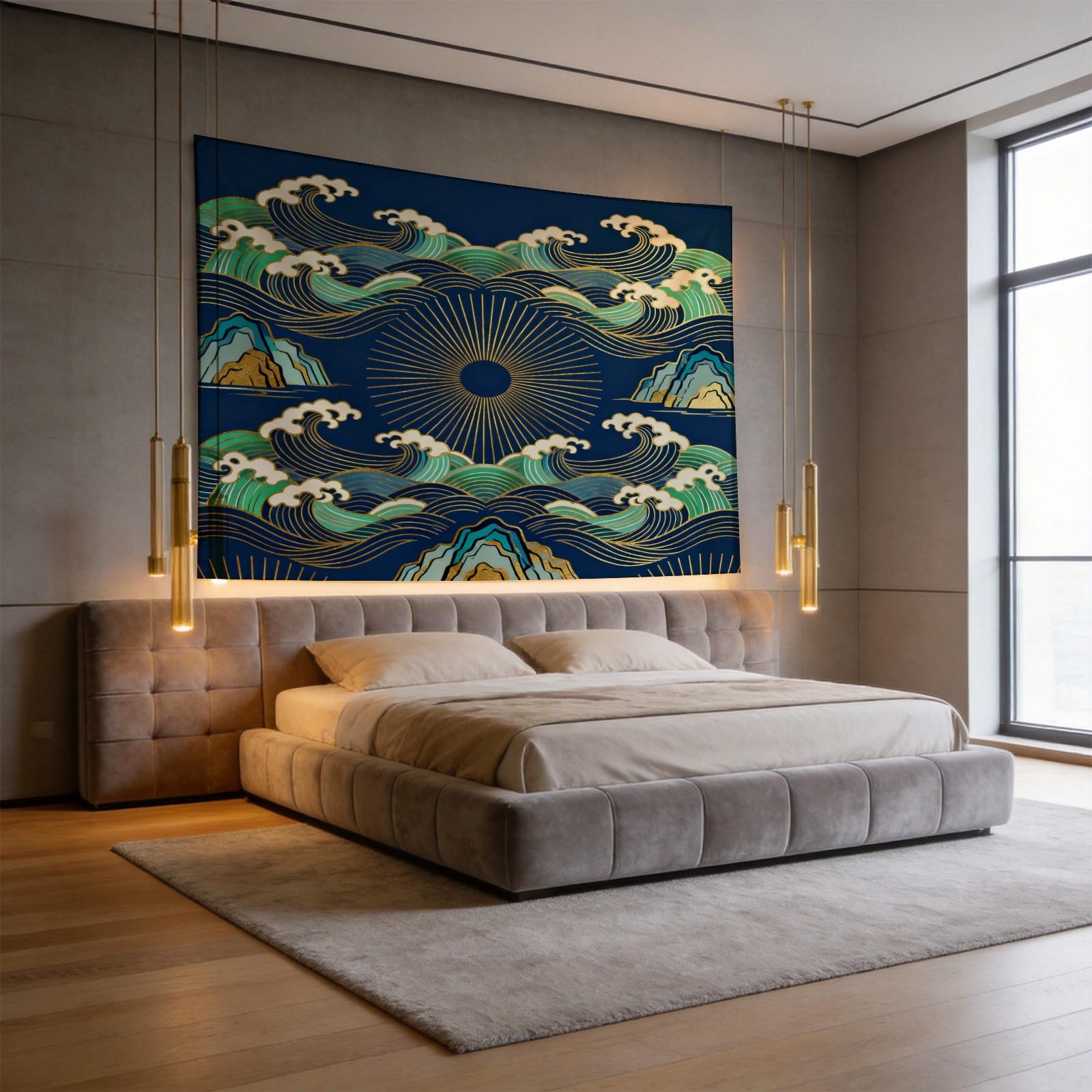 1 Piece Japanese Wave Sun Tapestry, Navy Blue Gold Foil Great Wave HD Digital Print Wall Hanging, Boho Polyester Tapestry, Lightweight Fade-Resistant, Easy to Hang for Bedroom, Living Room & Dorm
