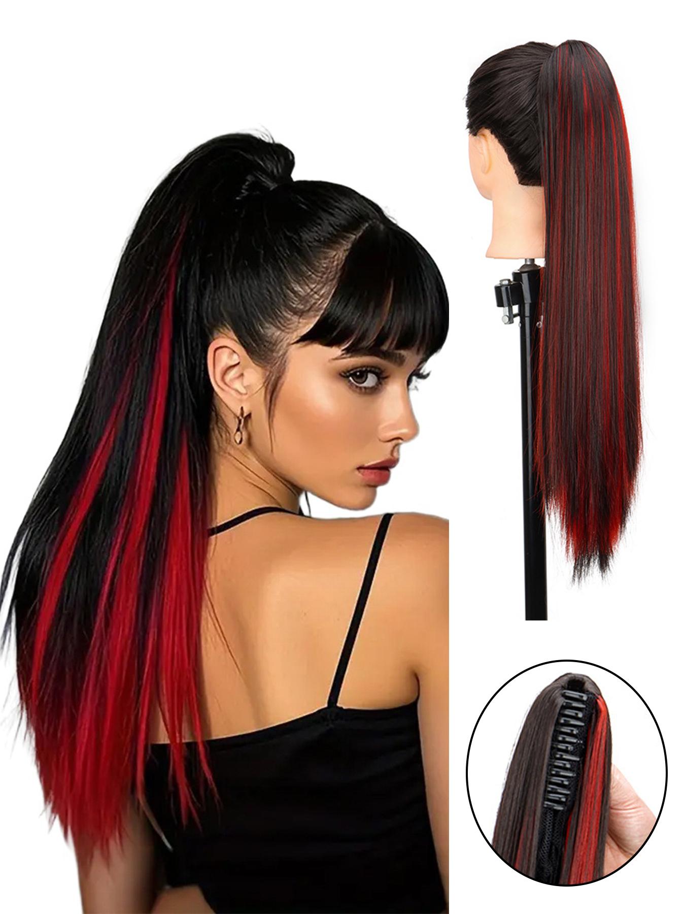 24inch Claw Clip In Synthetic Straight Ponytail Hair Extensions, Synthetic Ponytails - Pre-Bleached Multicolor Highlights (Blue/Green), Clip-On Hairpiece for Instant Volume & Highlights, Easy Application for Parties, Synthetic Fiber Extensions