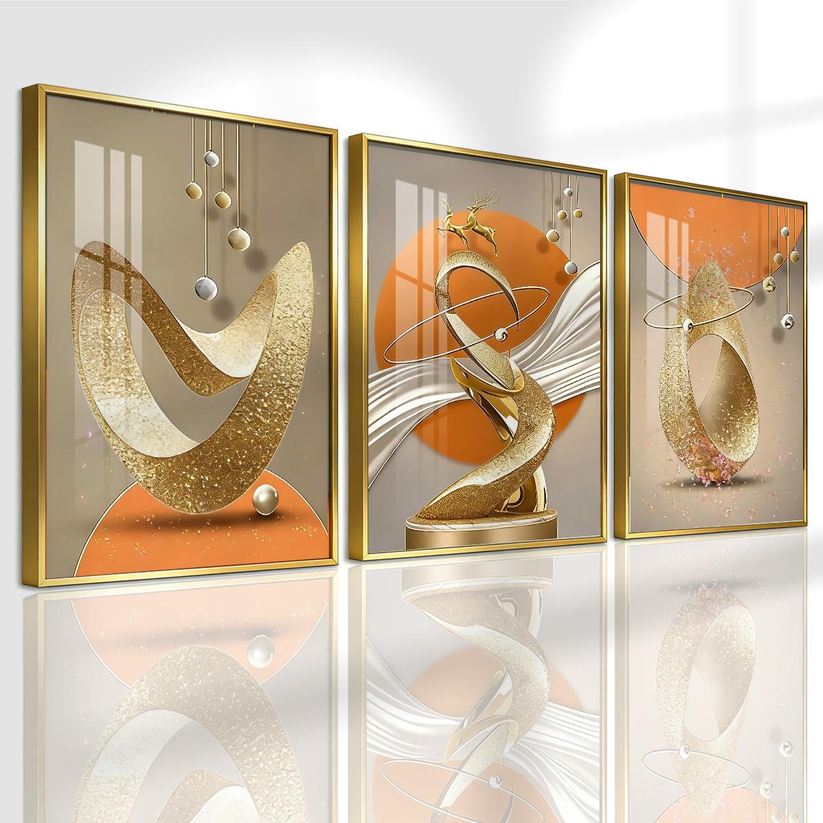 3 Counts Aluminum Alloy Framed Painting, Modern Abstract Golden Sculptural Art Pictures, Home Decoration For Living Room, Bedroom, Office, Restaurant, Hallway Wall Decor, Odorless Print Artwork, Luxury Perfect Gift For Friends And Family