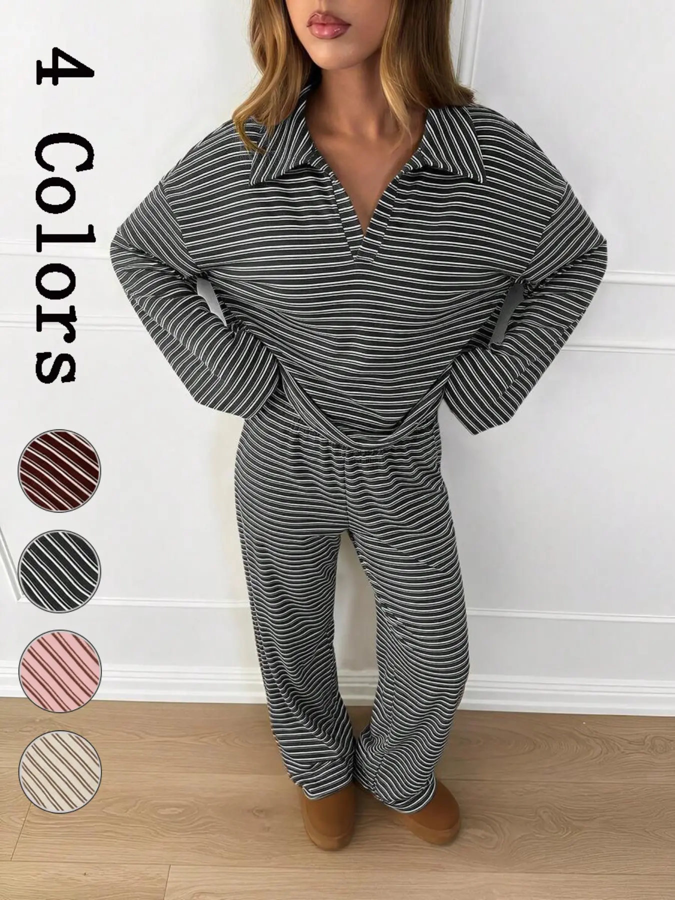 Women’s Striped Polo 2‑Piece Loungewear Set, Cozy Fall Long‑Sleeve Top & Relaxed Wide Leg Pants, Buttery‑Soft Wearable Pajamas, Versatile Sleep Outfit for Lounging & Casual Outdoor Errands.