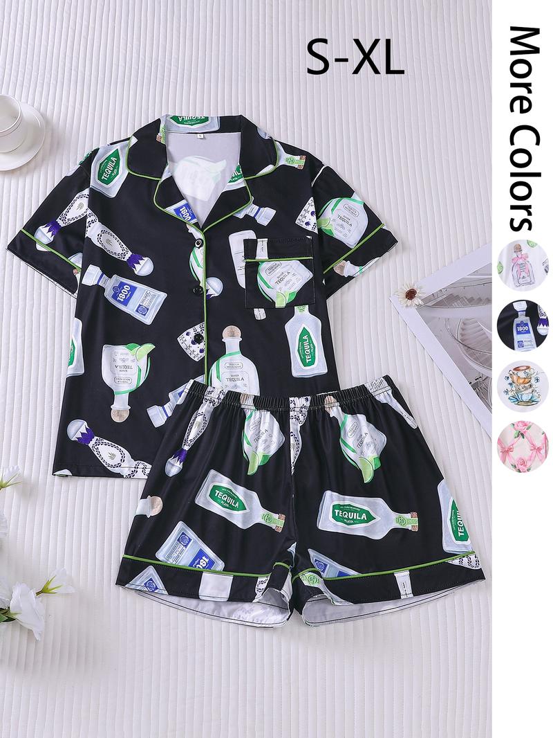 Women's All Over Print Lapel Shirt & Shorts Pajama Two-piece Set, Casual Comfy Short Sleeve Top & Elastic Waist Shorts Set, Ladies Summer Sleepwear, Pjs