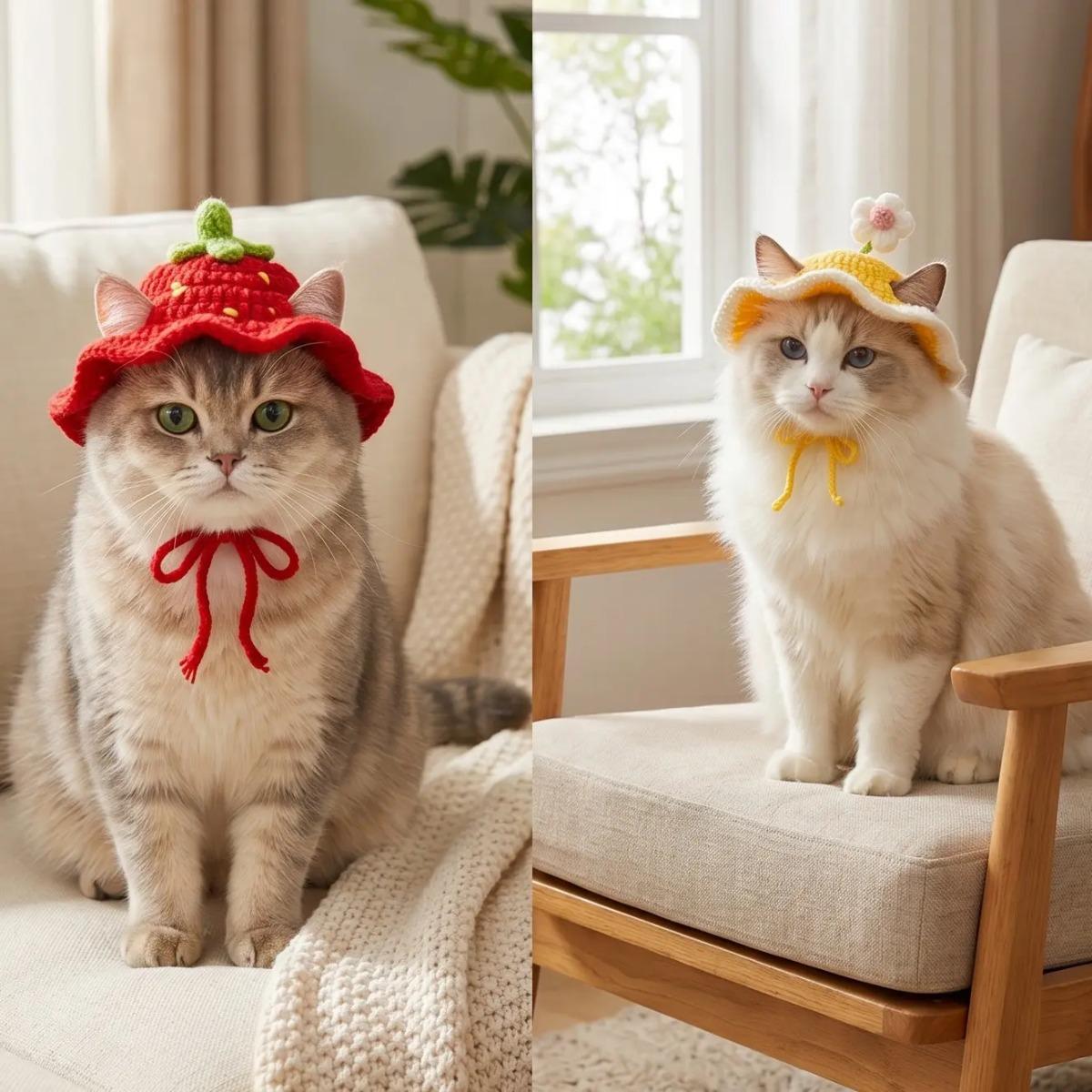 4PCS Handmade Knitted Pet Hat Set Pack - Adjustable, Soft Crochet Frog & Fruit Cat Puppy Headwear, Synthetic Fabric Warmth Cover, Small Pet Holiday Party Cosplay Accessory