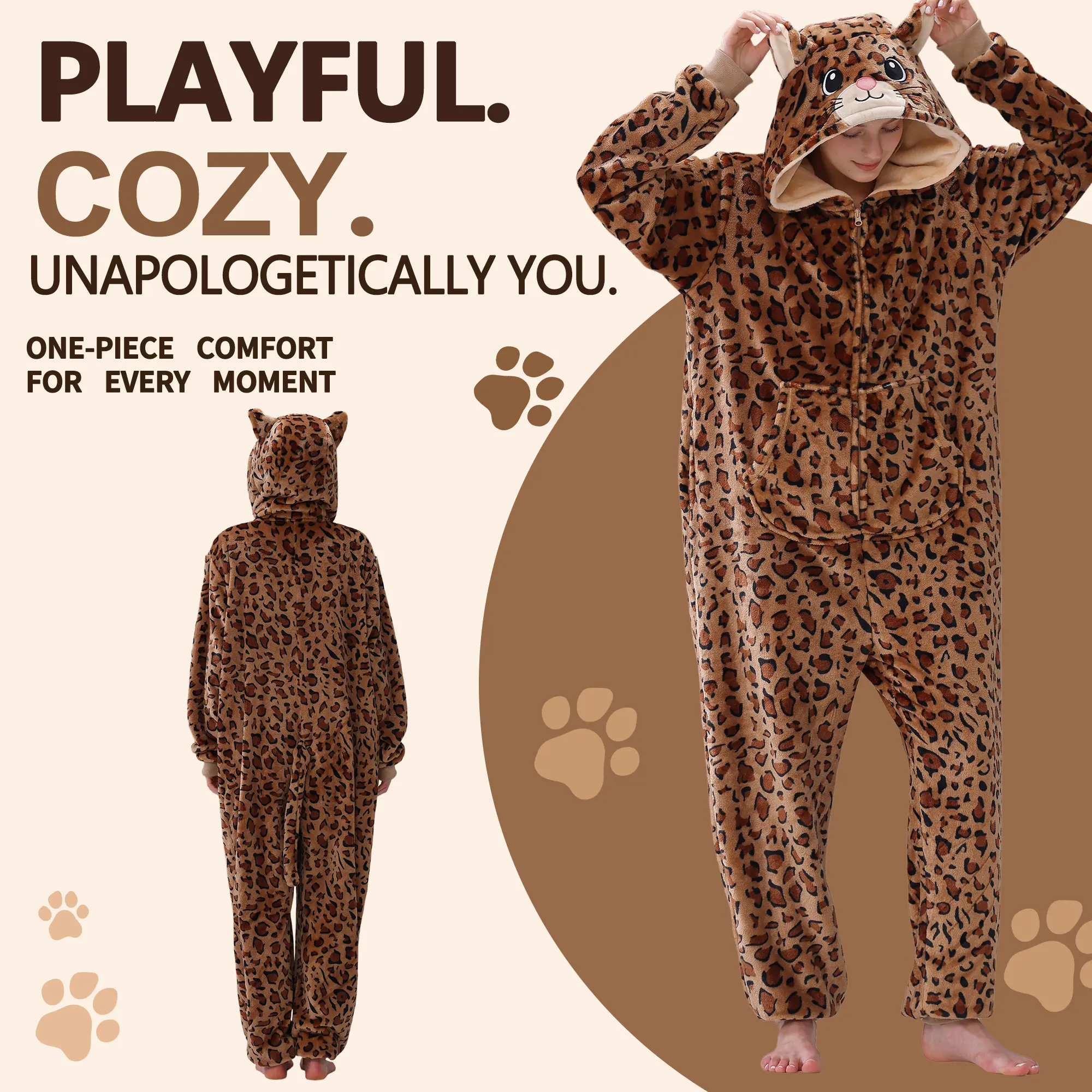 HOMEHUAL Women Men Cat Onesie Pajamas, Adult Soft Flannel Fleece Leopard Print Hooded Animal Costume with Tail, Unisex Onesie Sleepwear