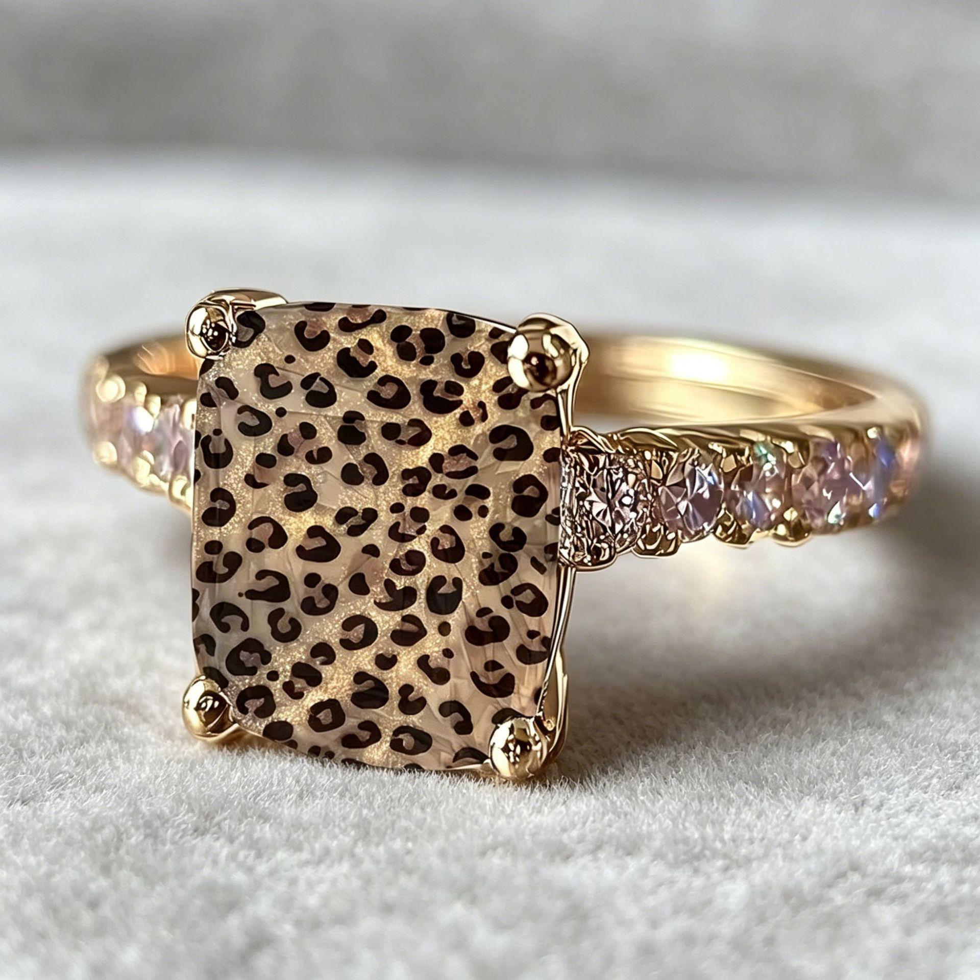 Leopard Print Square Statement Ring, Wild Pattern Design, Animal Theme, Side Embellishments, Bold Personalized Fashion Jewelry Ring