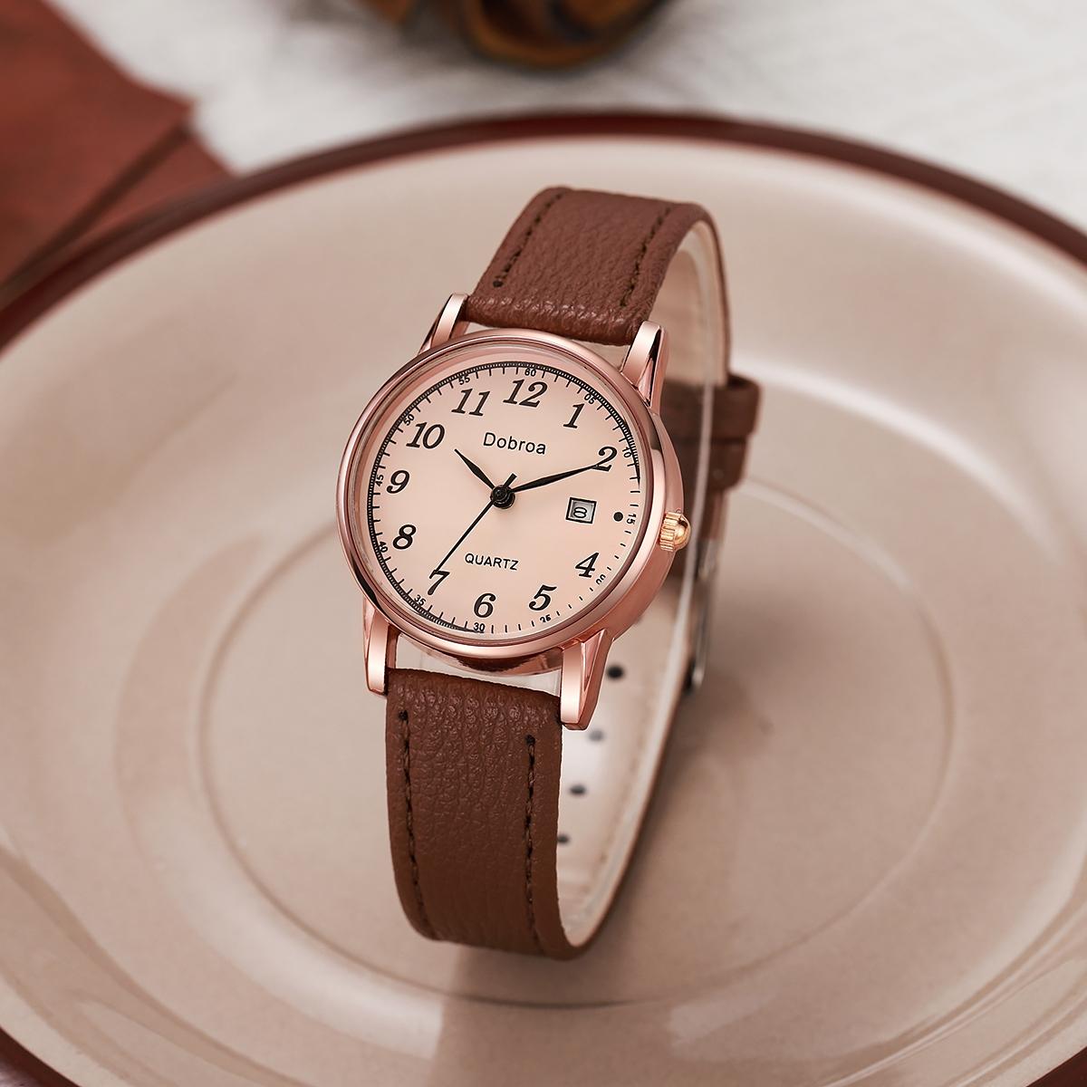 Women\'s Coffee Brown Analog Quartz Classic PU Leather Casual Round Wrist Watch New Round Digital Dial Large Calendar Quartz Watch for Women  main image 4