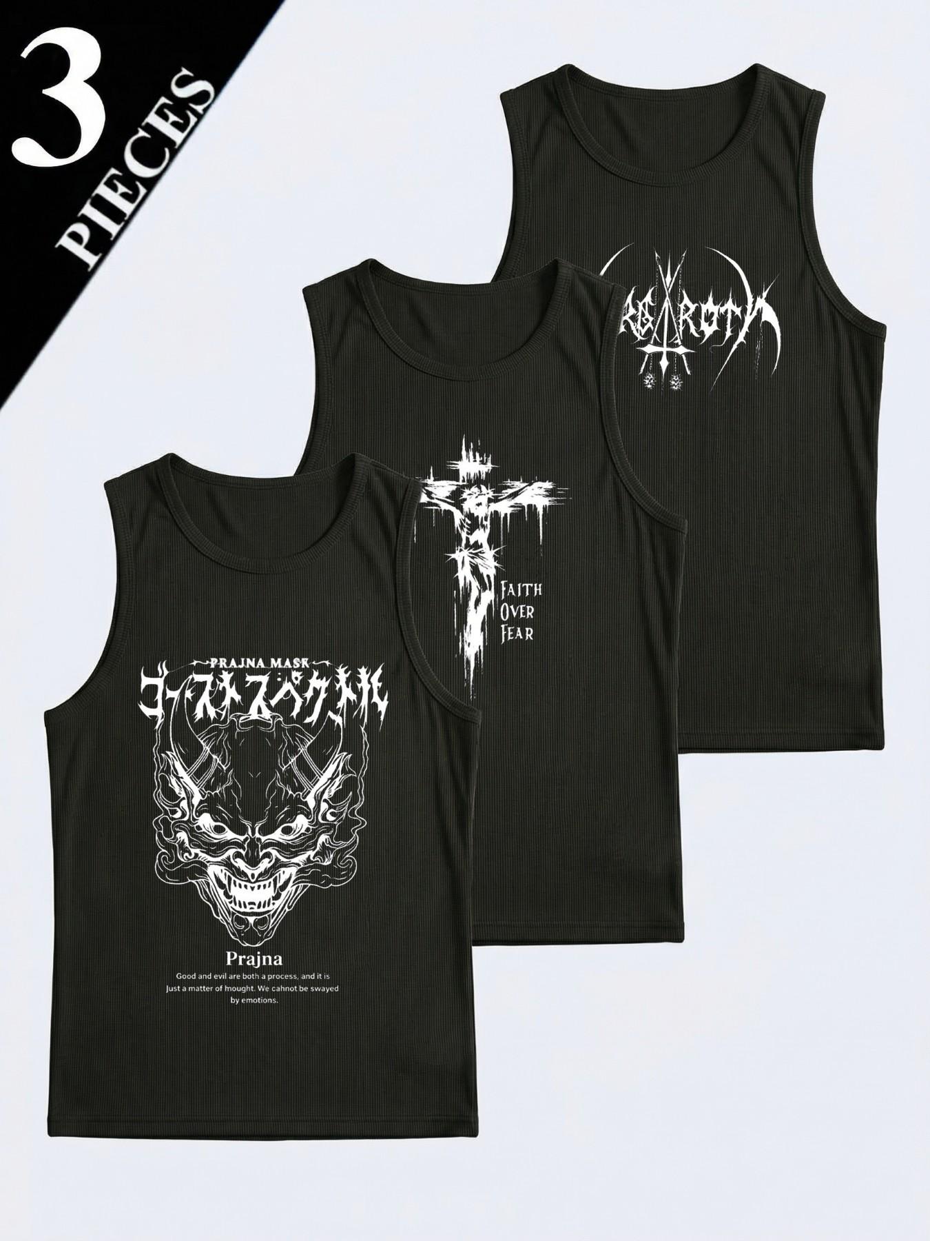 3PCS Men's Graphic Ribbed Tank Tops Multipack | Dark Aesthetic Gothic Sleeveless Shirts | Y2K Streetwear Punk Vest for Gym & Club | Breathable Grunge Style Muscle Tanks | Edgy Cyber Hell Graphic Tops | Value Pack Wardrobe Essentials
