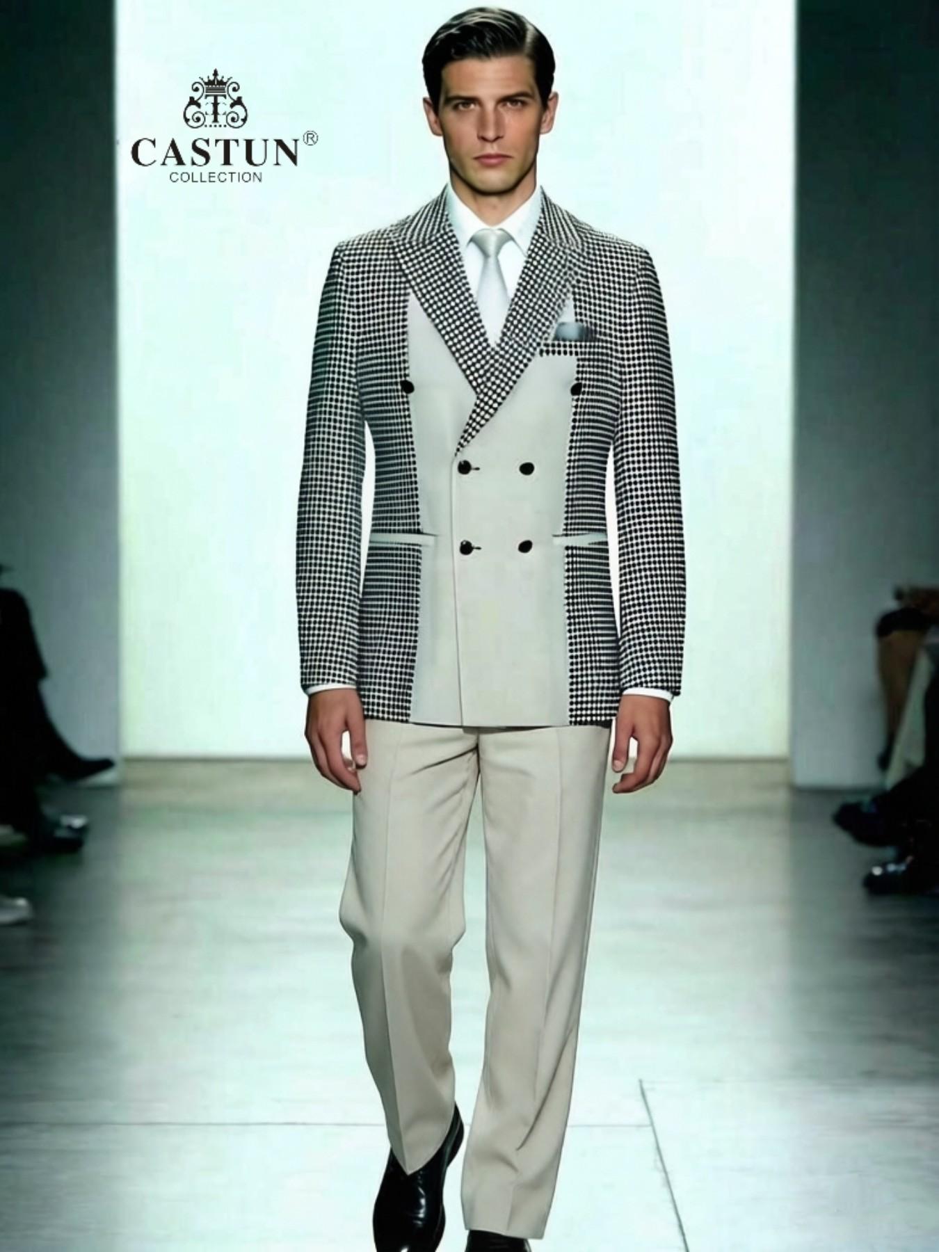 Men's Houndstooth Blazer Suit Set, Double-Breasted Design, Slim Fit, Long Sleeve, Party Wear, All Seasons, No Tie or Lapel Pin Included