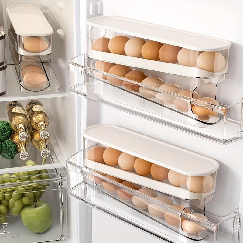 Double layer rolling egg storage box | Refrigerator side door space saving organizer | Durable polypropylene | Transparent, stackable design with easy to open lid | Perfect for home use, refrigerator egg rack