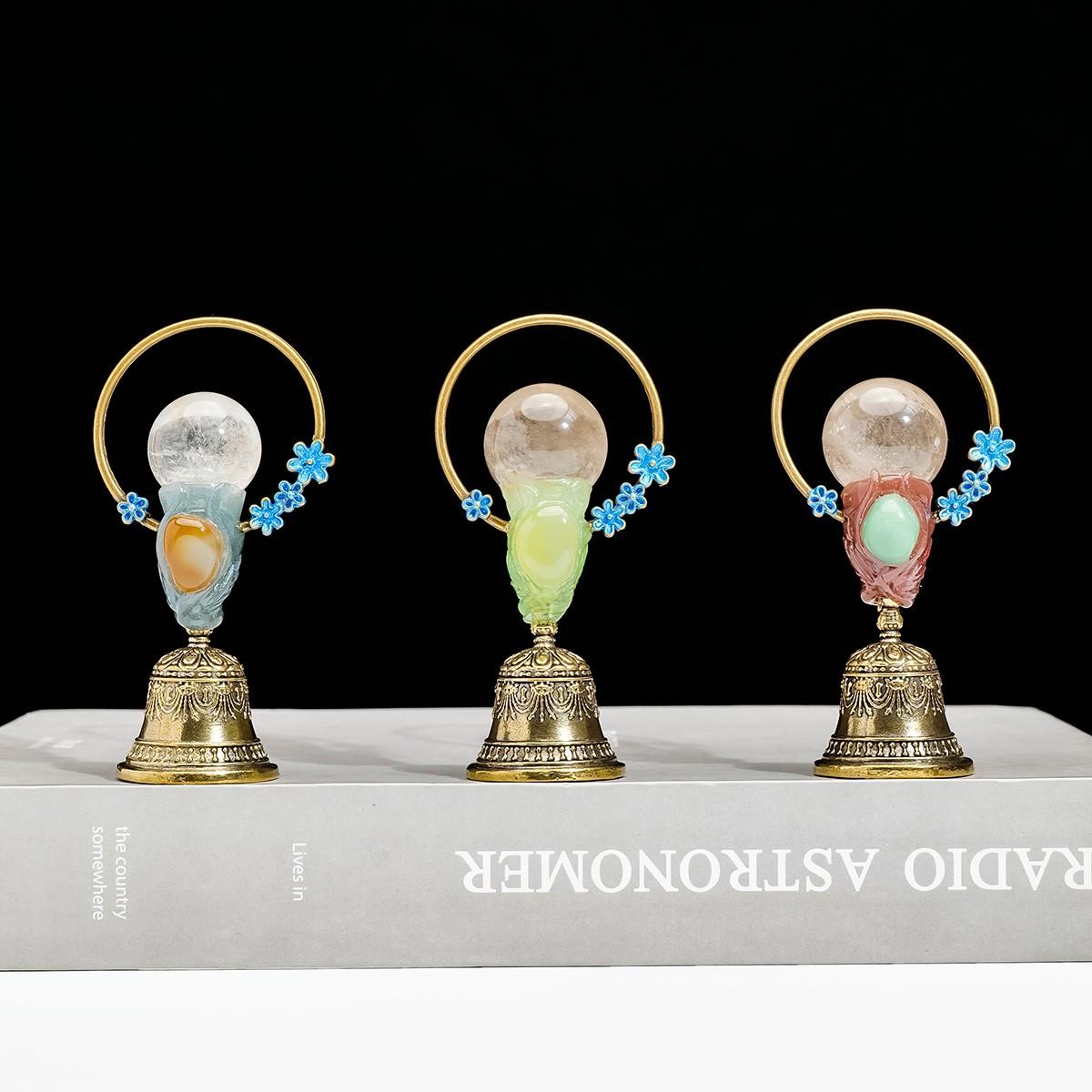 Natural Crystal Ball Brass Hand Bell, Copper Feng Shui Healing Bell, Home Decoration, Christmas Bell Gifts & Souvenir, 1pc