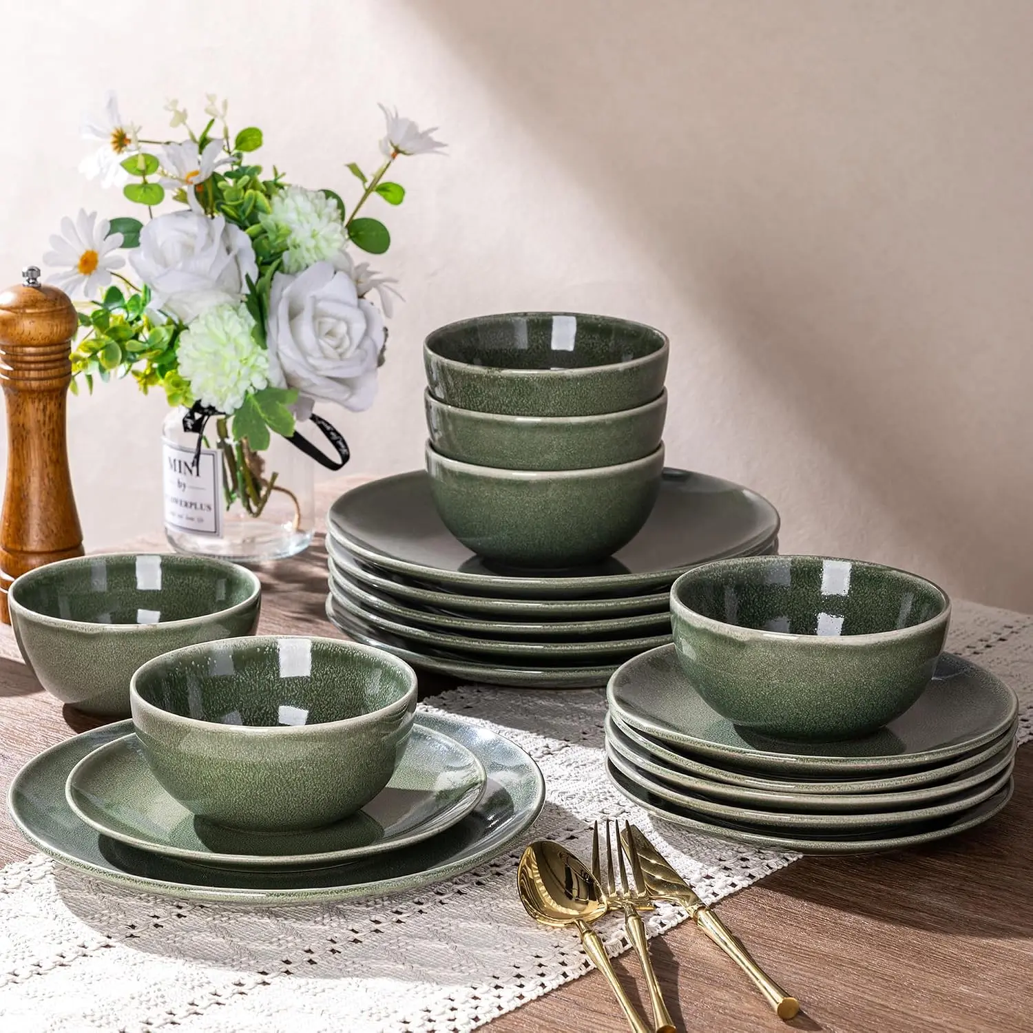 Ceramic Dinnerware Sets for 4, 12 count Handpainted Plates and Bowls Set, Scratch Resistant Stoneware Dishes Set, Dishwasher & Microwave Safe, Jade Green