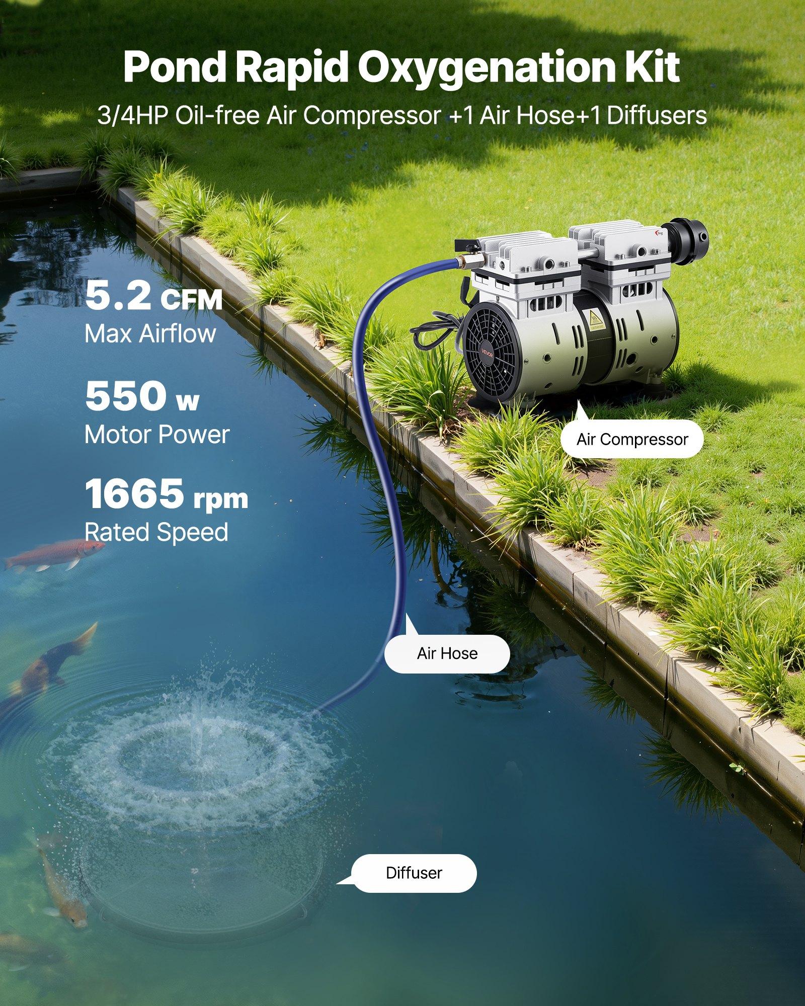 VEVOR Pond Aerator System, 3/4 HP Air Compressor (5.2CFM), 1 Diffuser, 100' Weighted Tubings, Deep Water Oxygen Boost Pump for Max 3-Acre Outdoor Lakes