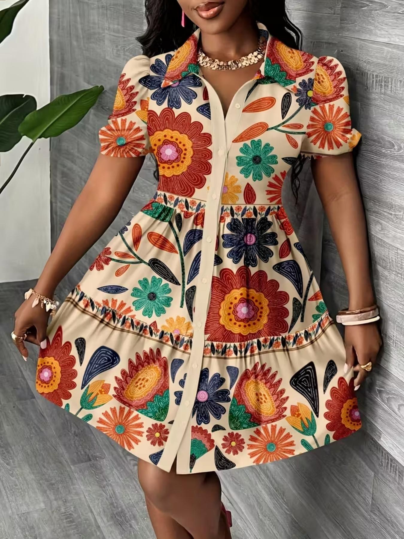 Women's Boho Style Colorful Print Dress, Short Sleeve Button Design Layered Dress, Knee Length, Loose-Fit, Beach Vacation Casual Wear, Bohemian Style Sundresses