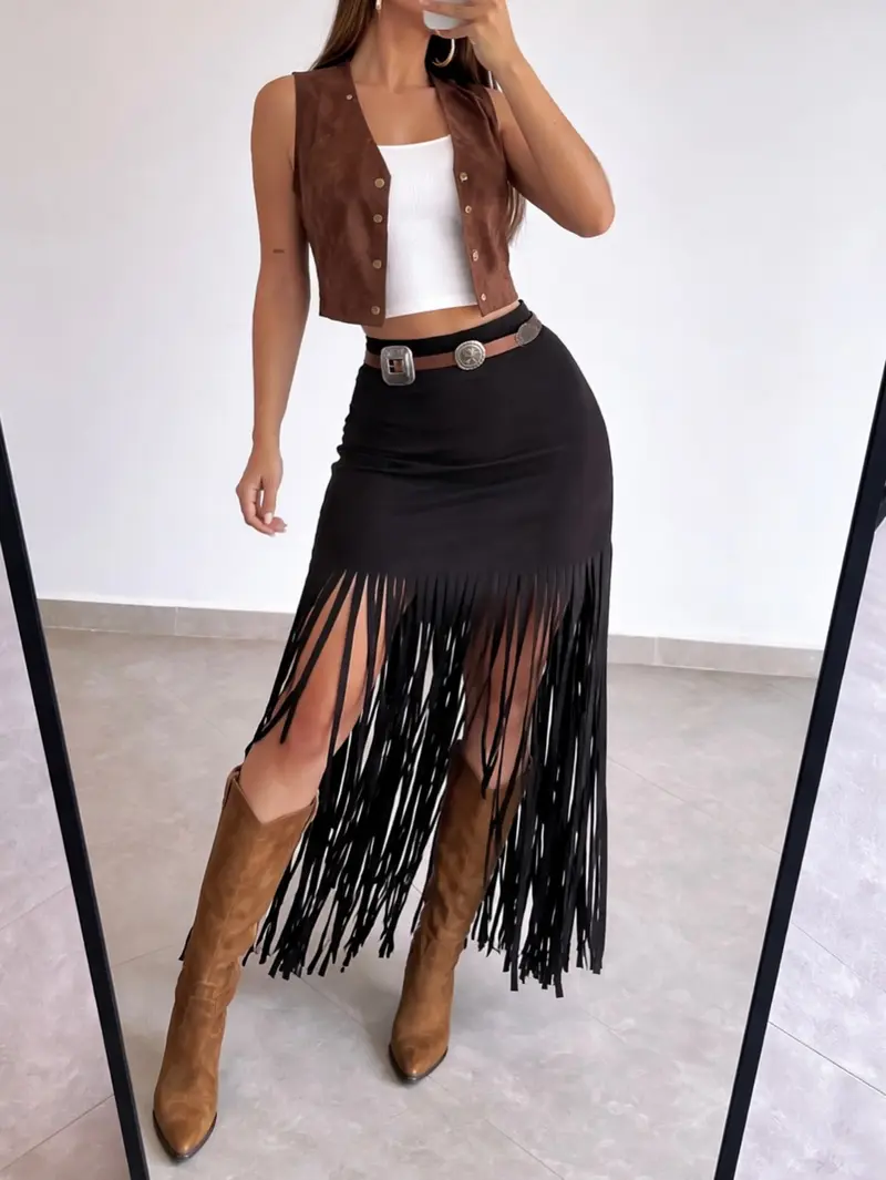 Elegant Punk Style Y2K Women's Summer Solid Color Waistband Elastic Band Hem Fringe Fitted Midi Skirt, Fashionable and Stylish Design