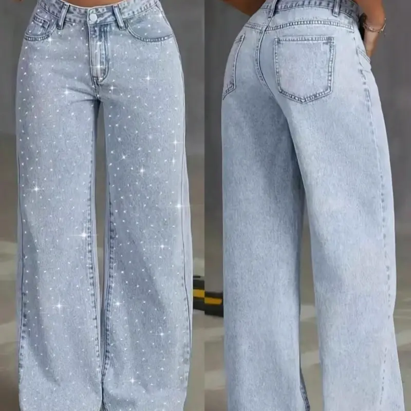 Women's Mid Rise Straight Leg Denim Jeans, Front Rhinestone & Snow Wash, Loose-Fit Fashion Trousers, All-Season Streetwear Pants
