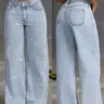 Women's Mid Rise Straight Leg Denim Jeans, Front Rhinestone & Snow Wash, Loose-Fit Fashion Trousers, All-Season Streetwear Pants
