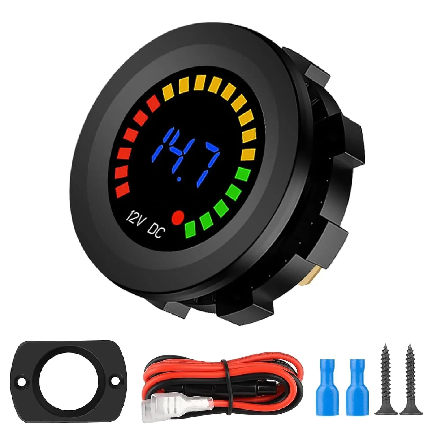 Battery Meter, Waterproof 12V Voltmeter Gauge, LED Digital Display Voltage Gauge, Round Voltage Meter for Marine Car Motorcycle Truck Boat RV