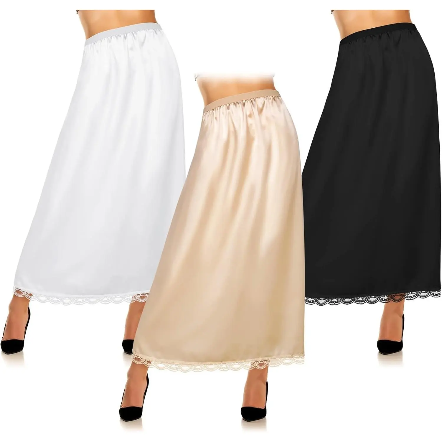 3 Pack Women's Long Lace Half Slip Anti-Static Underskirt Extender Skirt for Under Dresses(Gift)