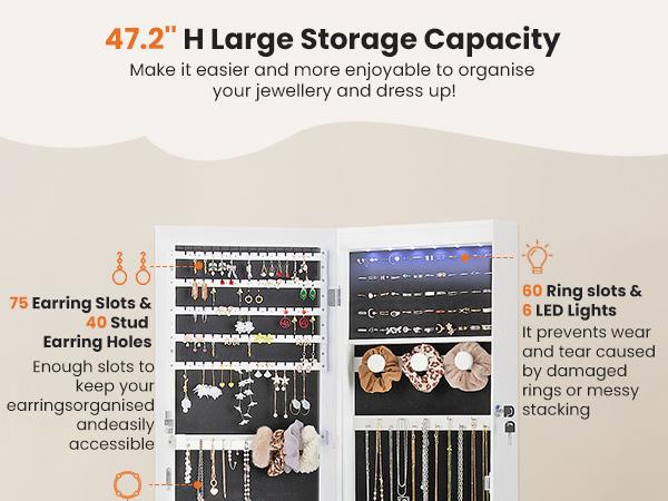 RIMIKING Jewelry Cabinet with Mirror, Dual Installation Options, Ample Storage, Convenience Features, Elegant Design, Soft Velvet Lining, LED Lights, High Capacity Earring Storage, Dedicated Necklace Hooks, Ring Slots, Cosmetic Organizer RIMIKING Jewelry Cabinet with Mirror, Dual Installation Options, Ample Storage, Convenience Features, Elegant Design, Soft Velvet Lining, LED Lights, High Capacity Earring Storage, Dedicated Necklace Hooks, Ring Slots, Cosmetic Organizer