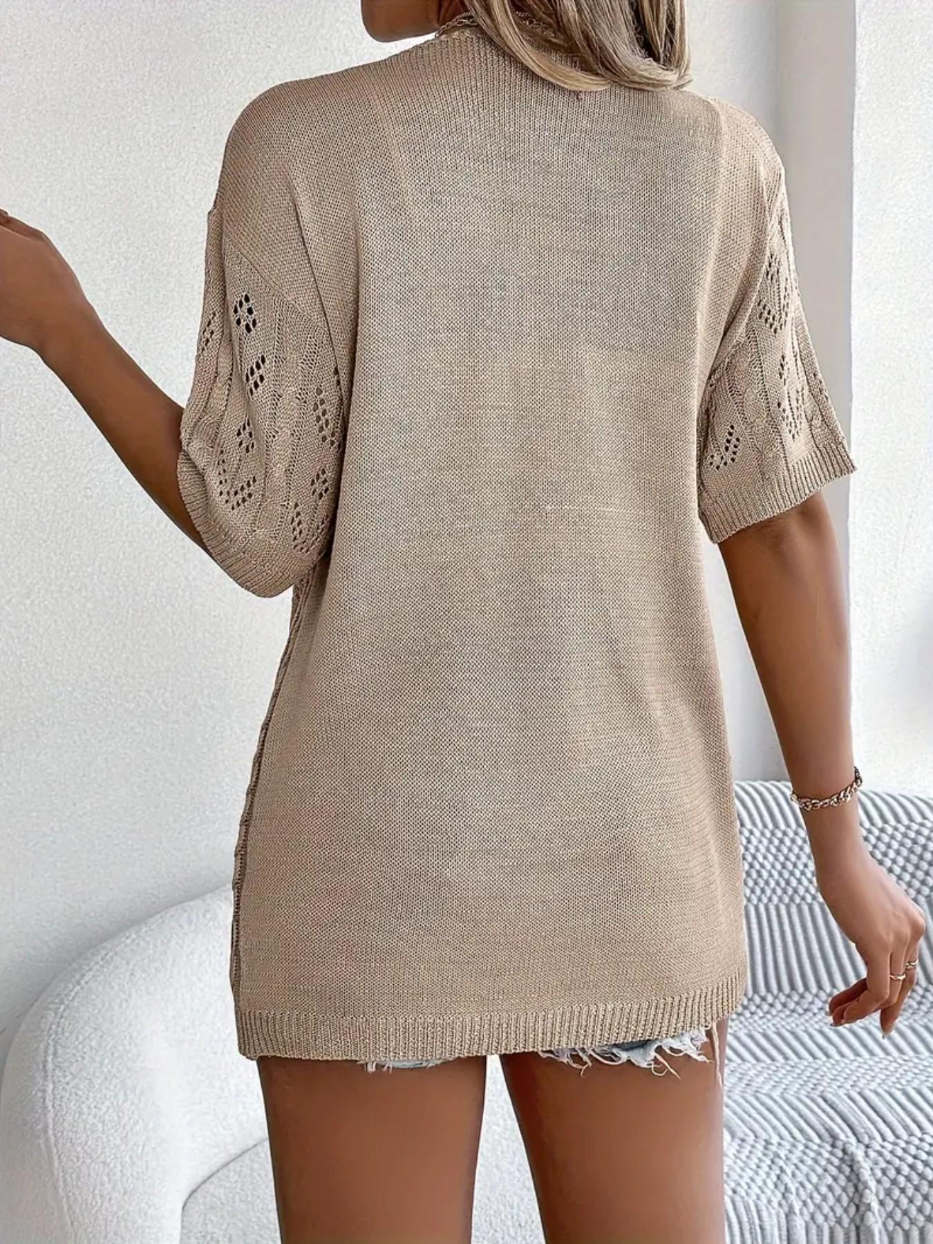 Women's Open Front Knit Cardigan, Hollow Out Rhombus Medium-Length, Casual Breathable Lightweight Short Sleeve Outerwear Tops, Summer Air Conditioning/beach Sun Protection Knitwear Knitting Fabric