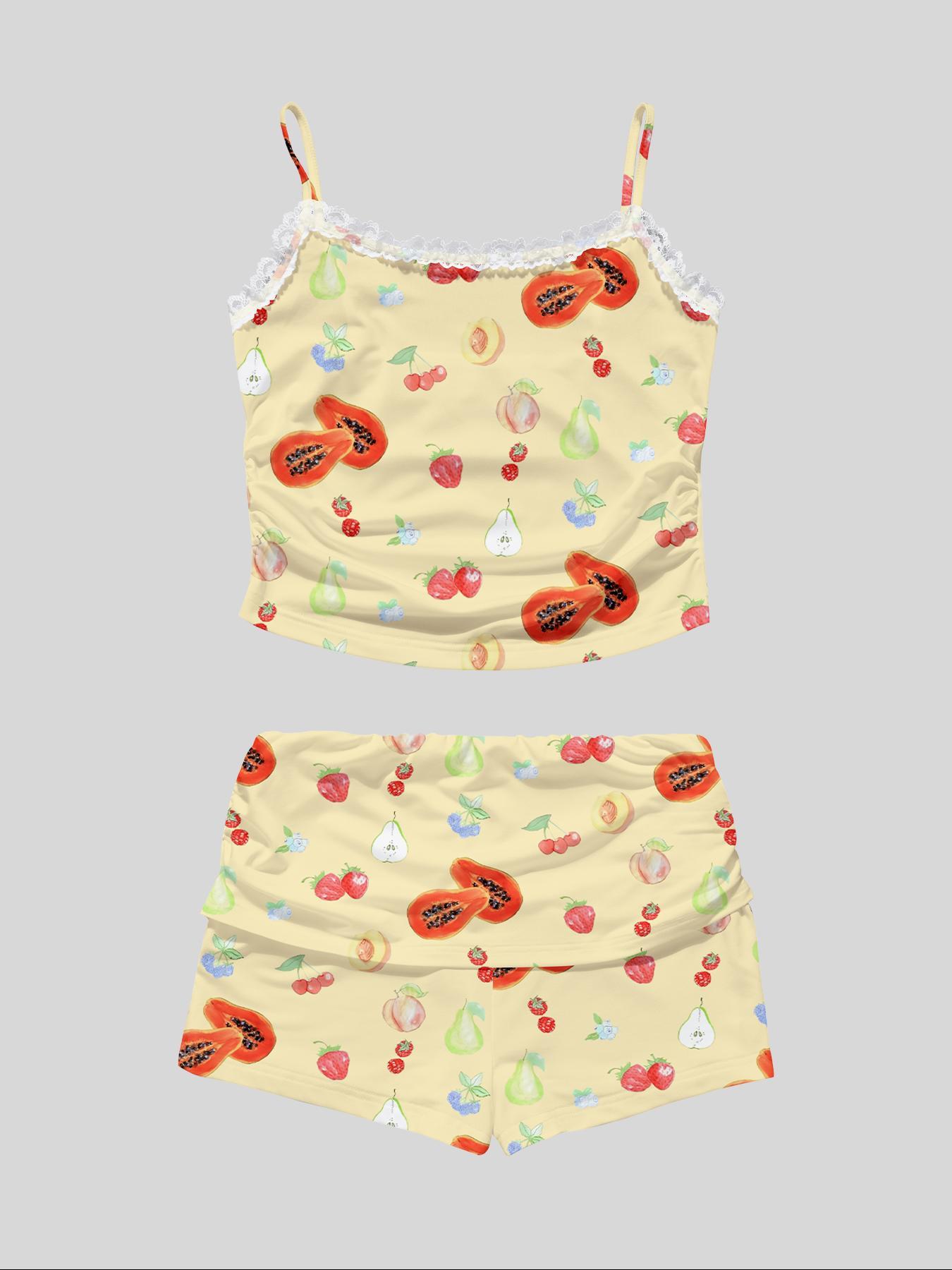 Women's Cherry Print Floral Cami Top & Shorts Pyjama, Casual Comfy Ruffle Trim Camisole & Shorts Pj Set, Ladies Sleepwear for Summer, Pajamas, Womenswear, Loungewear