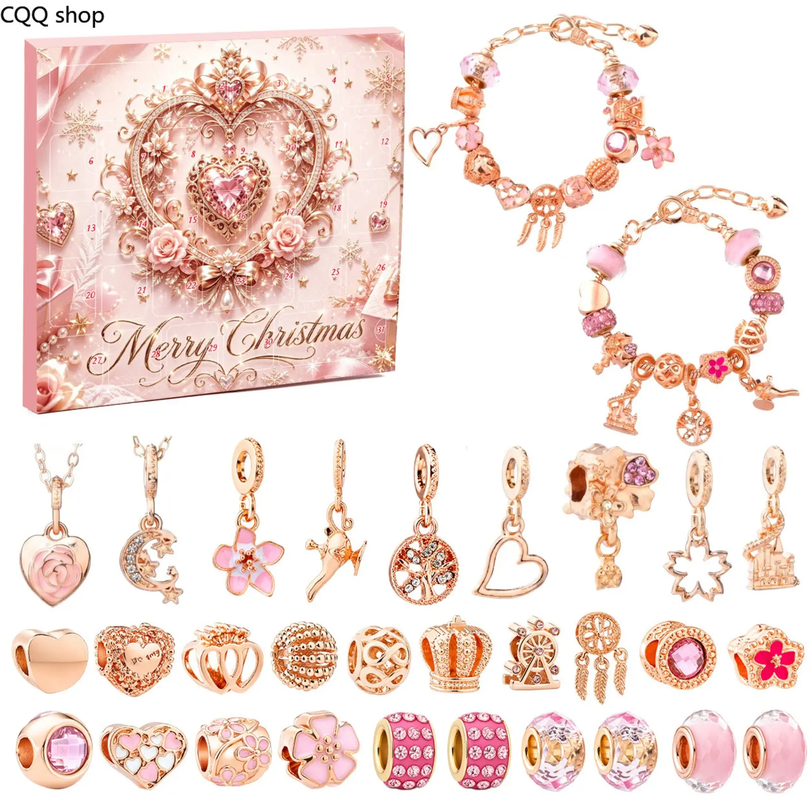 Girls Christmas DIY Bracelet Advent Calendar Blind Box Rose Gold Bead Jewelry Making Kit 31‑Day Countdown Holiday Surprise Gift for Kids