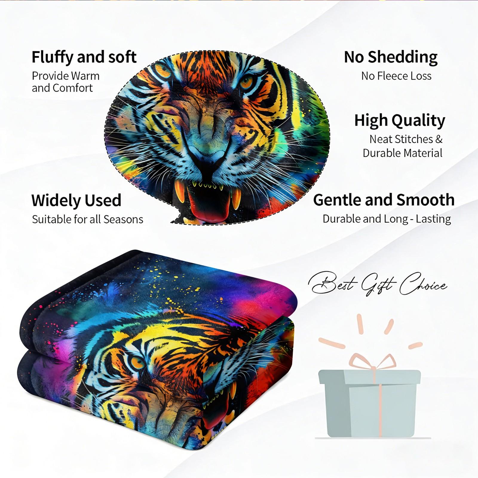 Vibrant Tie-Dye Tiger Print Flannel Throw Blanket, Soft Warm Cozy Fleece Blanket for Couch Bed Sofa, Bold Colorful Tiger Decorative Blanket, All Season Plush Blanket, Perfect Gift Blanket for Home, Travel, Nap, All Ages
