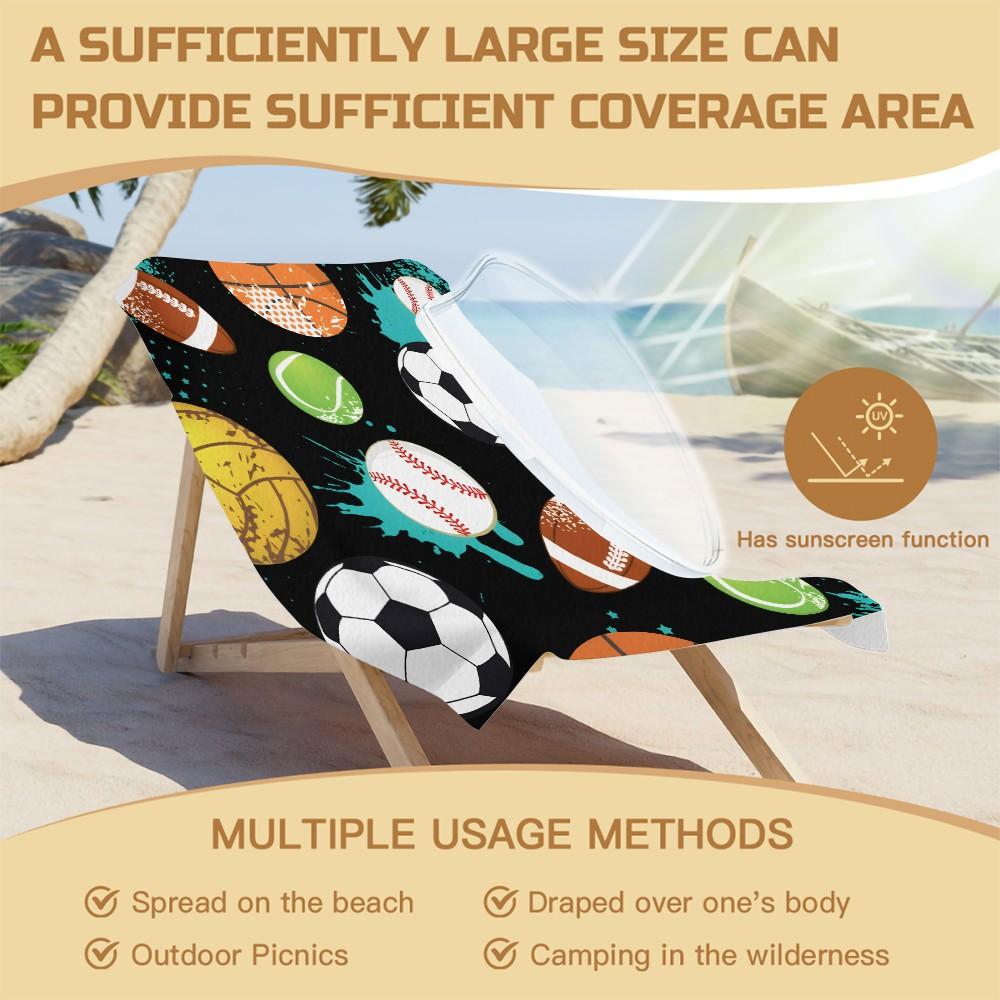 Graffiti Style Sports Ball Pattern Beach Towel, Lightweight Soft Microfiber Towel, Sand Resistant Quick Dry Bath Towel for Beach Travel Gym, Cool Sports Themed Summer Towel