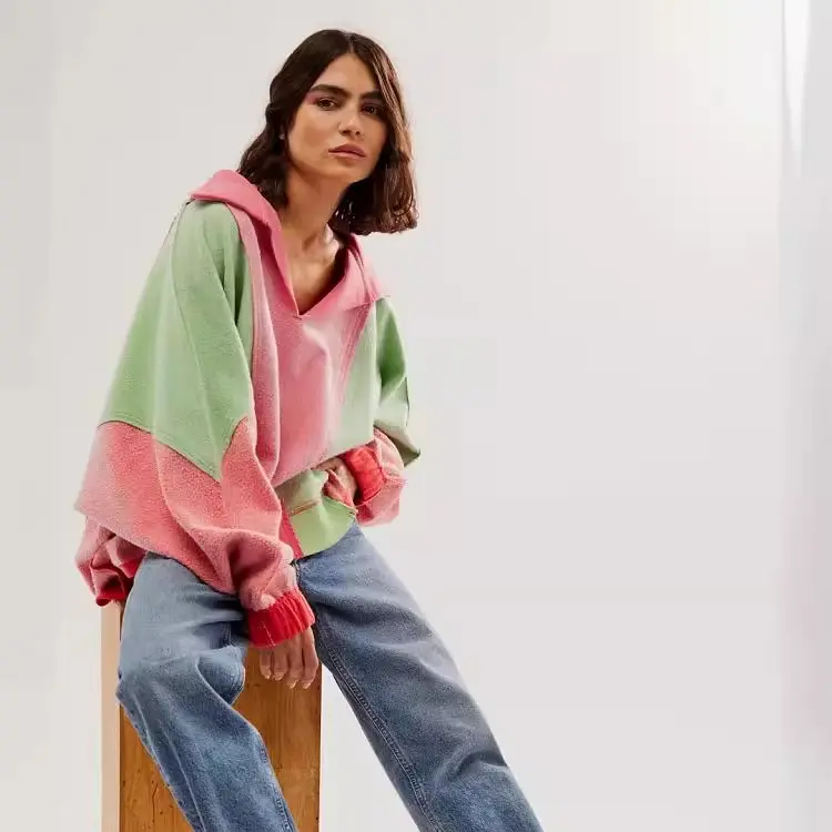 Women's American Street Chic Colorblock Polar Fleece Oversized Pullover Hoodie Sweatshirt - Longsleeves, Loose Fit, Breathable Fabric, Winter Casual Top (Sizes S-M-L)