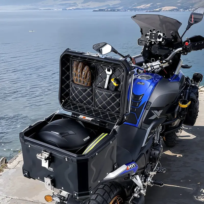 VEVOR Universal Fit Aluminum Alloy Motorcycle Top Case, 45L Waterproof Lockable Tail Storage Box with Leather Lining, Detachable Back Cushion, Compatible with 99% of Motorcycle Frames