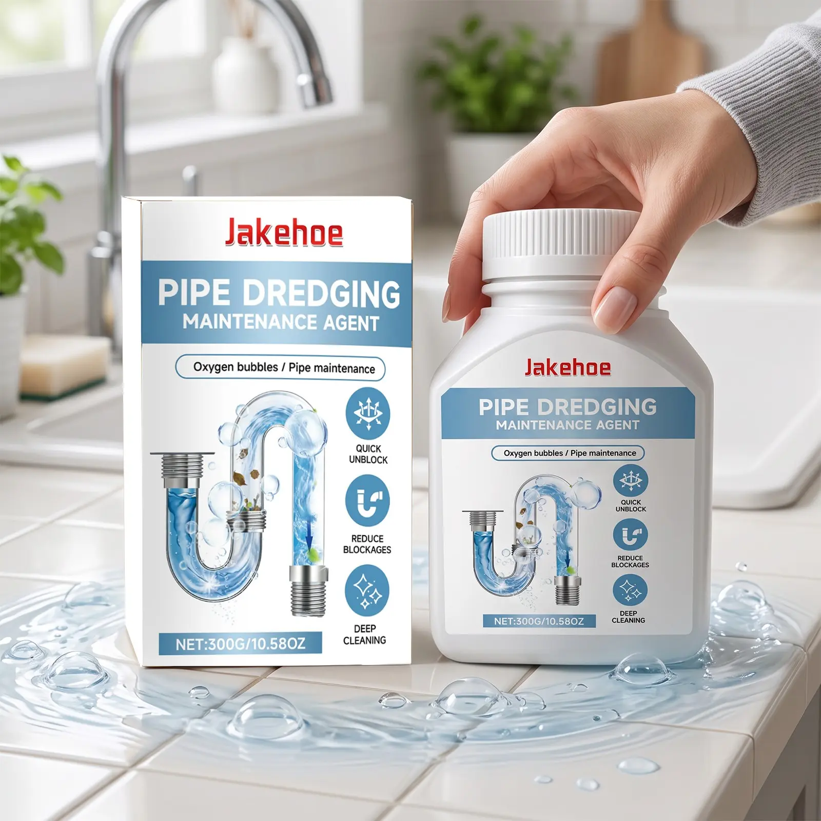 Jakehoe Pipe Clog Dissolver 300g Box, Kitchen & Bathroom Drain Unblocker, Hair & Grease Remover, Home Use Plumbing Cleaner