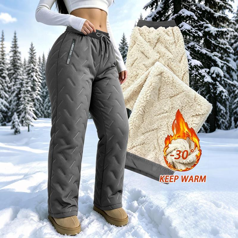Lady's High-Waist Fleece-Lined Snow Bottoms, Windproof Waterproof Fit Casual Pants, Elastic Drawstring Waist, Zipper Pocket, Straight Leg for Autumn Winter Hiking Outdoor Activities