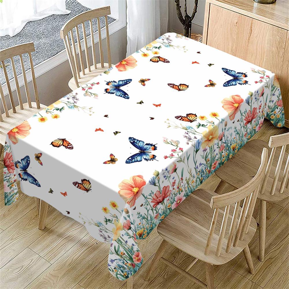 Rectangular Tablecloth Spring Summer Watercolor Flower Butterfly Pattern, Kitchen Decor, Wedding Party Garden Outdoor Picnic Cloth