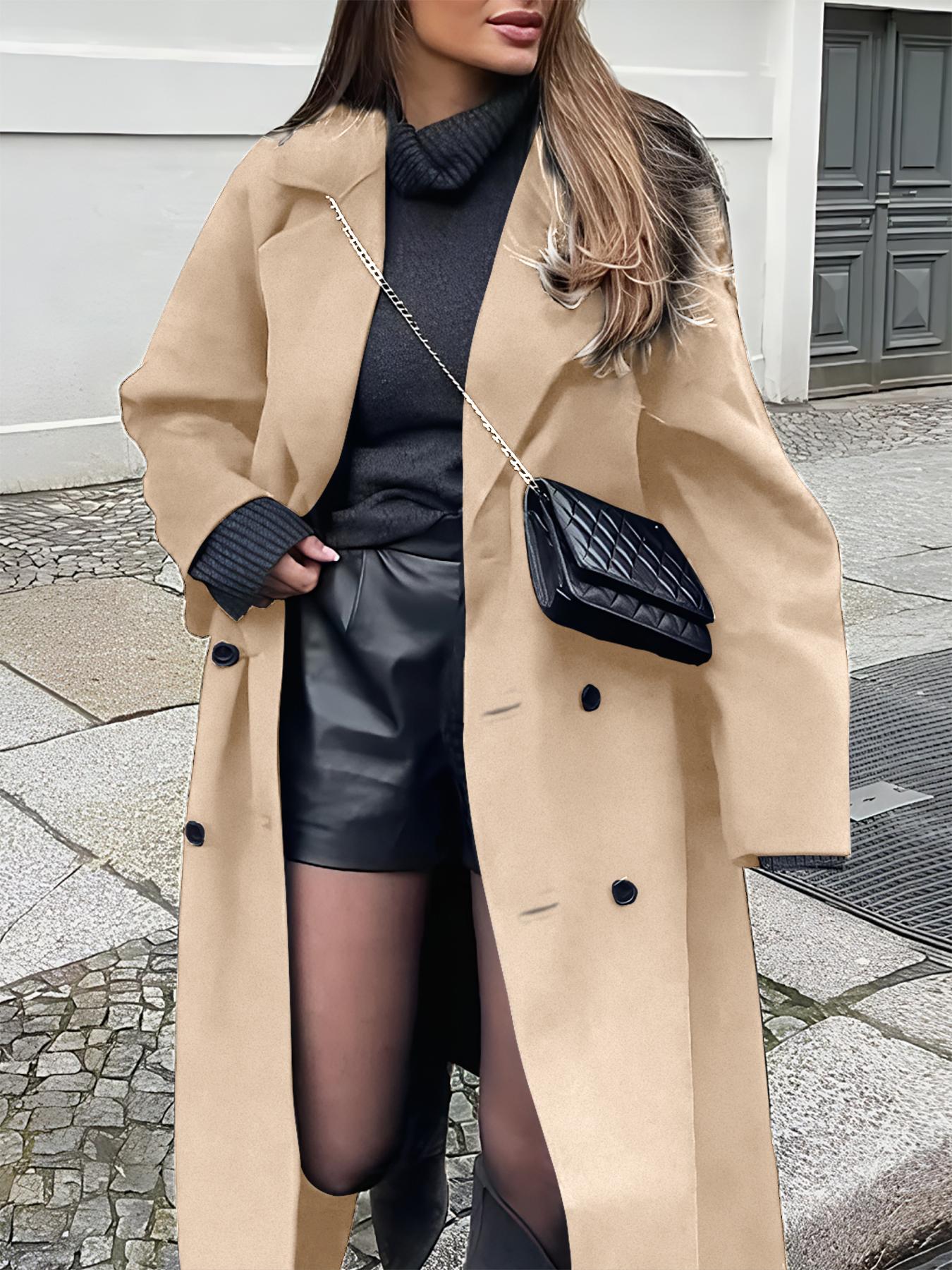 Women's Long Woolen Coat Jackets, Casual Loose-Fitting Overcoat with Double Button Front, Fall & Winter Fashion Outerwear for Women