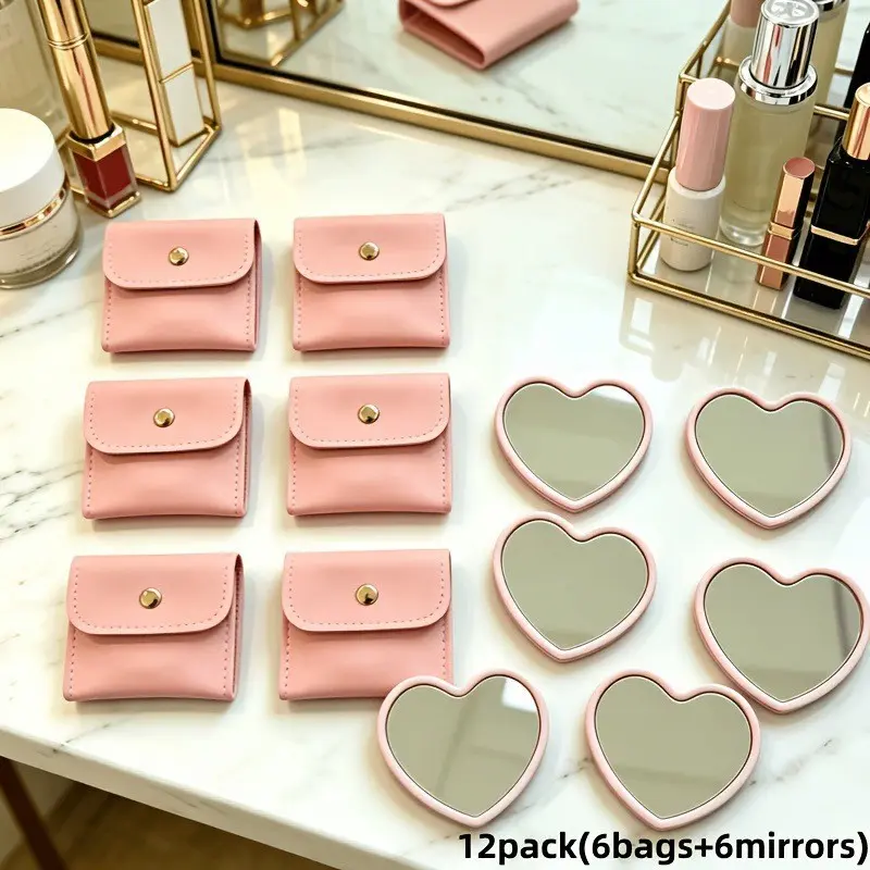 12/16/20pcs Mini Heart Pocket Makeup Mirror Set, Includes PU Storage Bag, Portable Touch-Up Mirror Gift, High-Quality Design, Handheld Mirror
