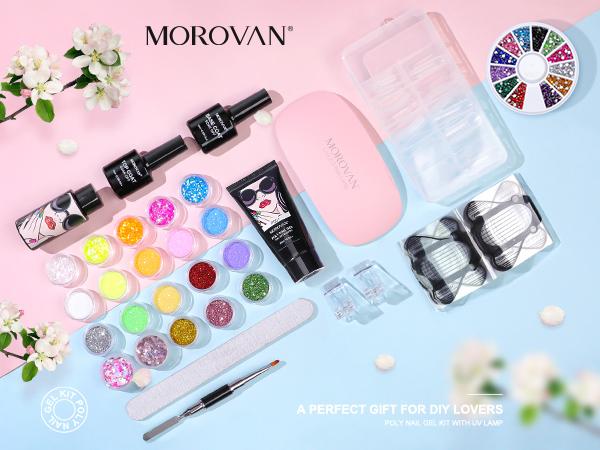MOROVAN Poly Gel Nail Kit: Glitter Clear Poly Gel Nail Kit Starter Kit 18 Colors with U V Lamp DIY Nail Extension Kit Nail Art Nail Care
