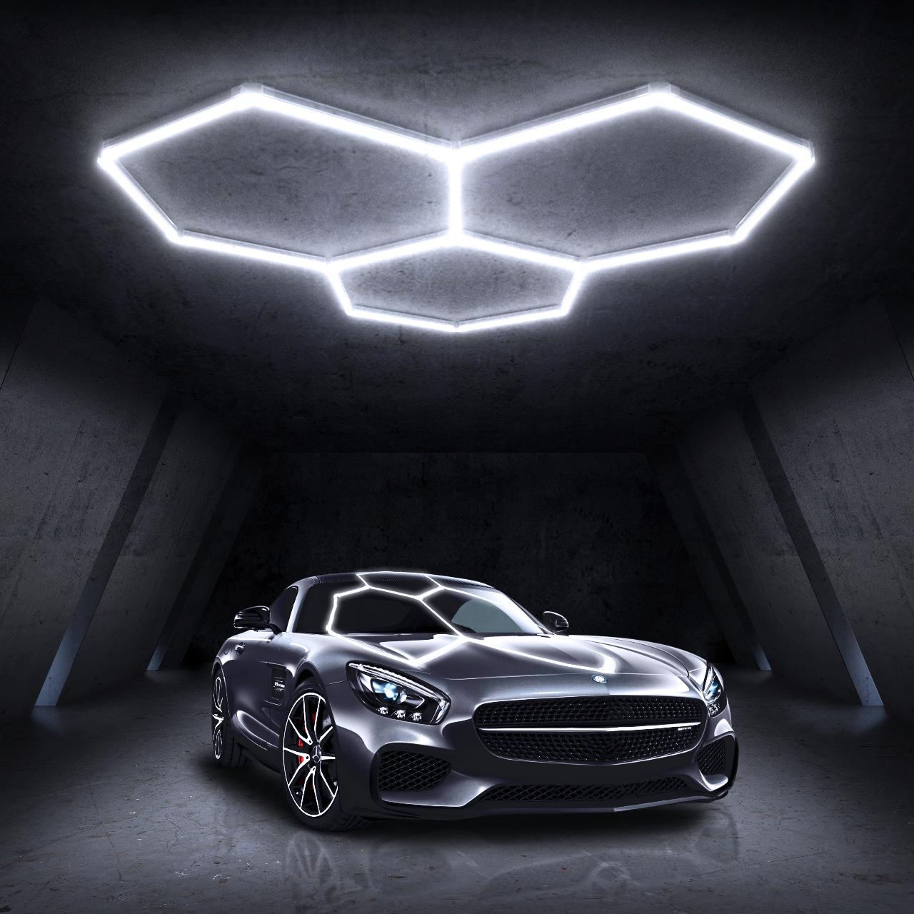 HYPERLITE offers Hexagon Garage Lights, a hexagon led lights Ceiling system designed for Grid Systems. These lights emit a Cool White light, ideal for Car Detailing Garages, Basements, Barbershops，Adjustable Lighting Options，SpringGlowUp
